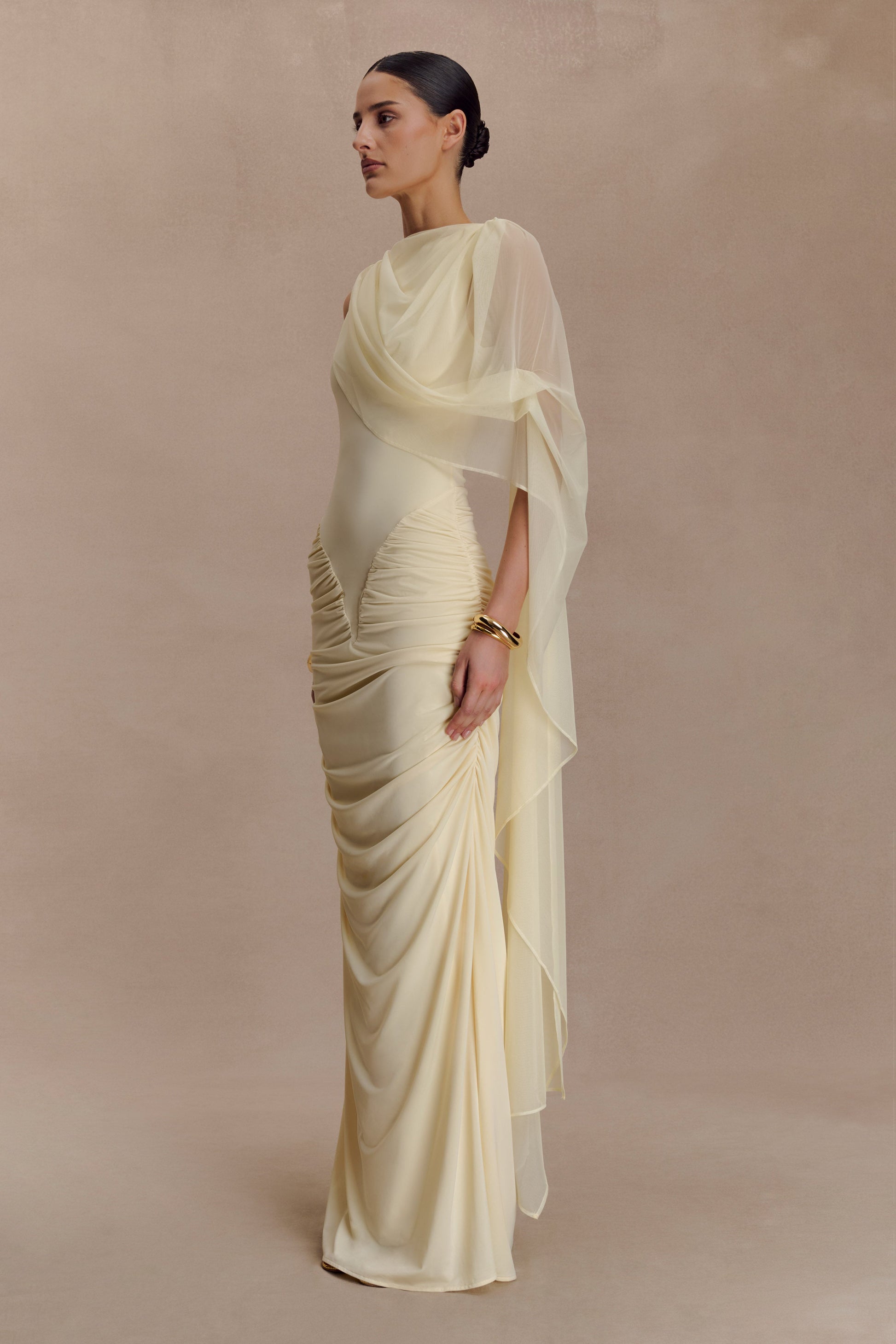 Amandine Ruched Slinky Maxi Dress / Lemon | MESHKI | XXS Amandine Ruched Slinky Maxi Dress / Lemon | MESHKI | XXS