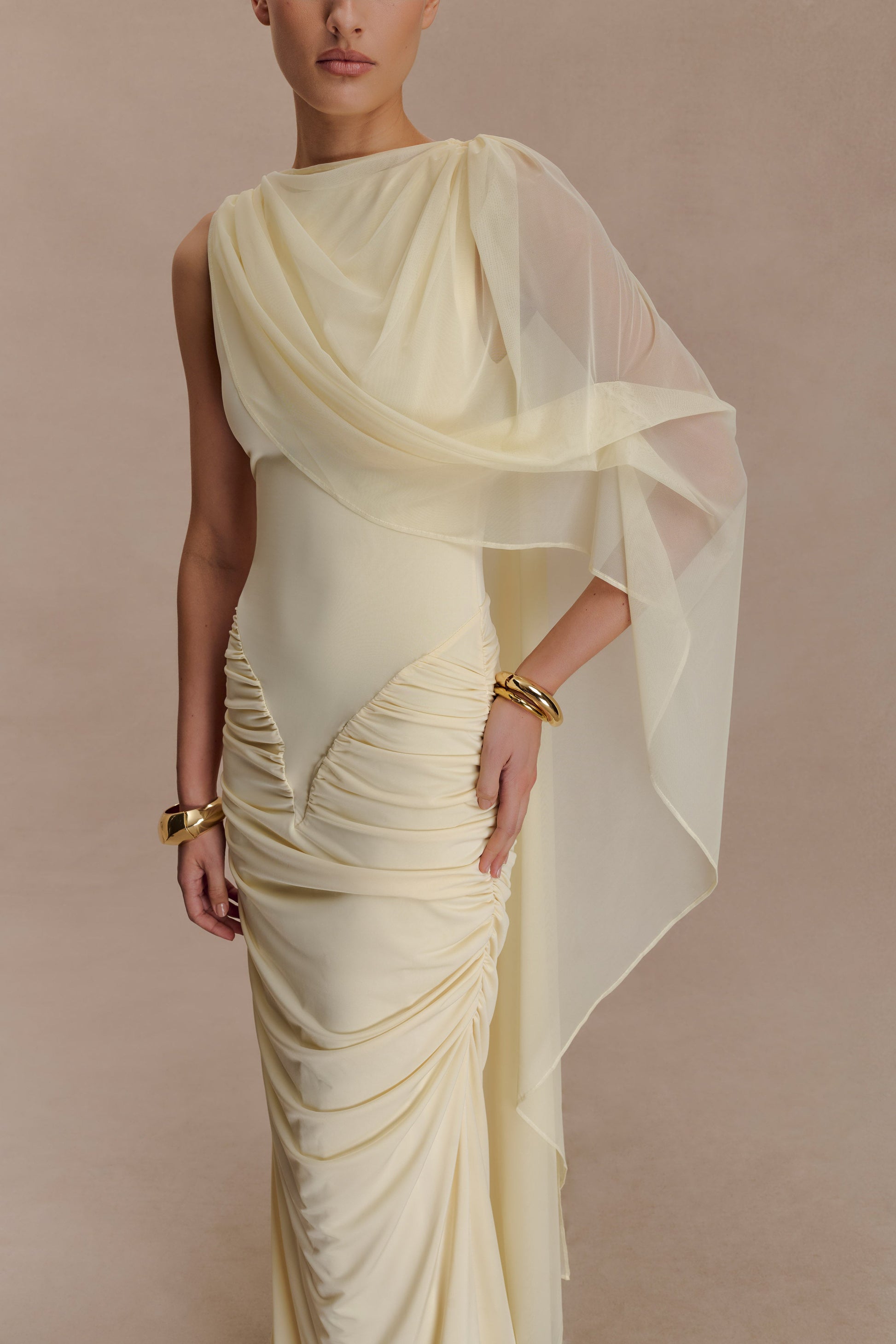 Amandine Ruched Slinky Maxi Dress / Lemon | Meshki | S Amandine Ruched Slinky Maxi Dress / Lemon | Meshki | S