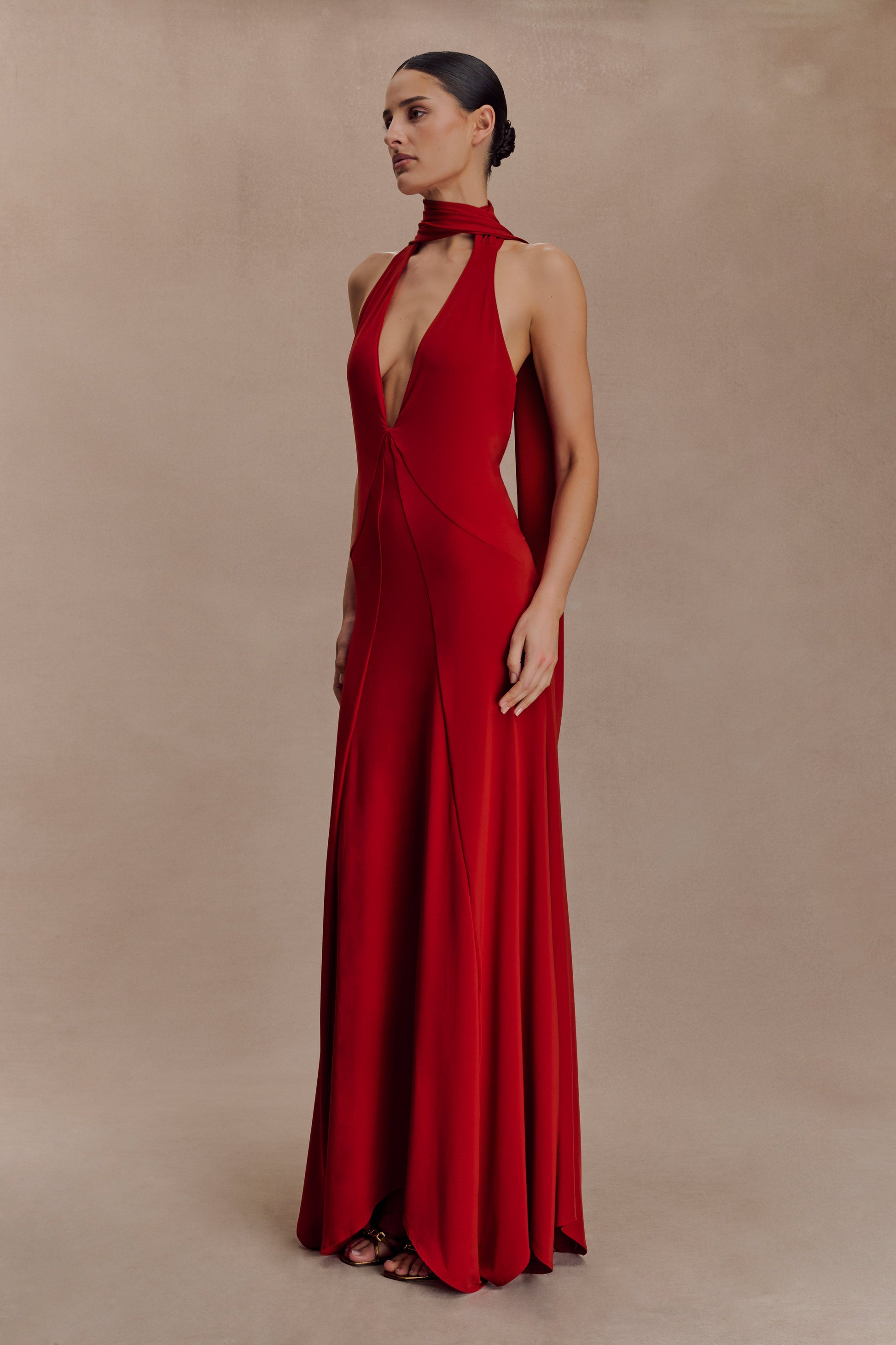 Juliet Slinky Maxi Dress With Scarf - Ruby | MESHKI US Juliet Slinky Maxi Dress With Scarf - Ruby | MESHKI US