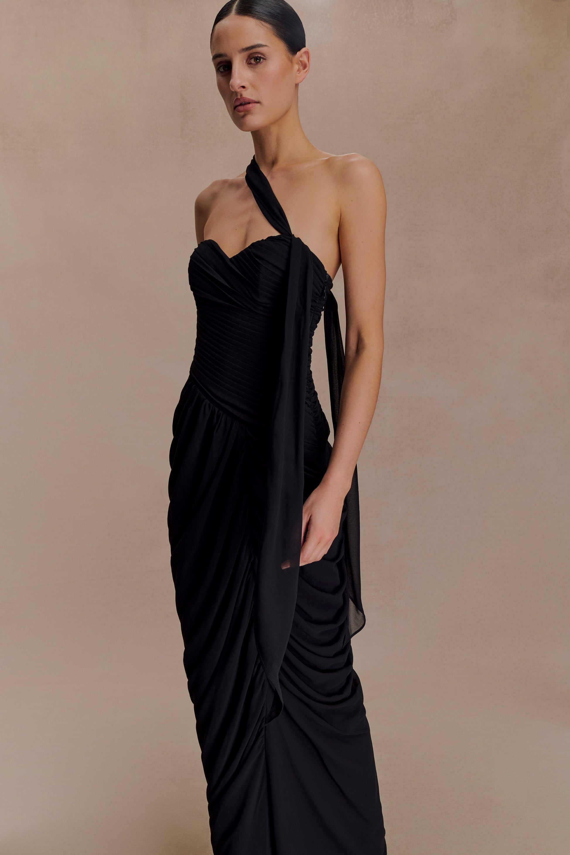 Micaela Chiffon Gathered Maxi Dress - Black #6