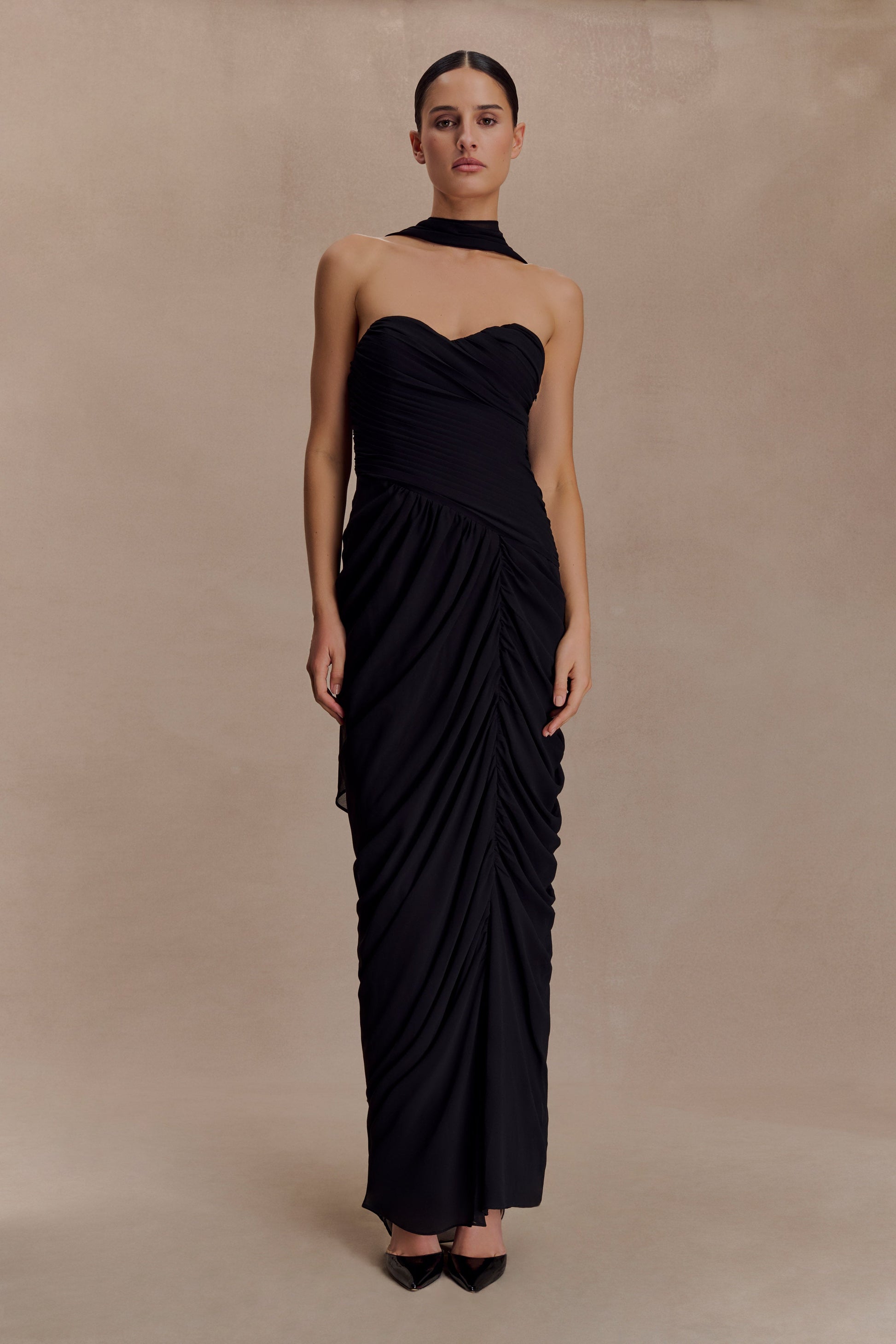 Micaela Chiffon Gathered Maxi Dress - Black #3
