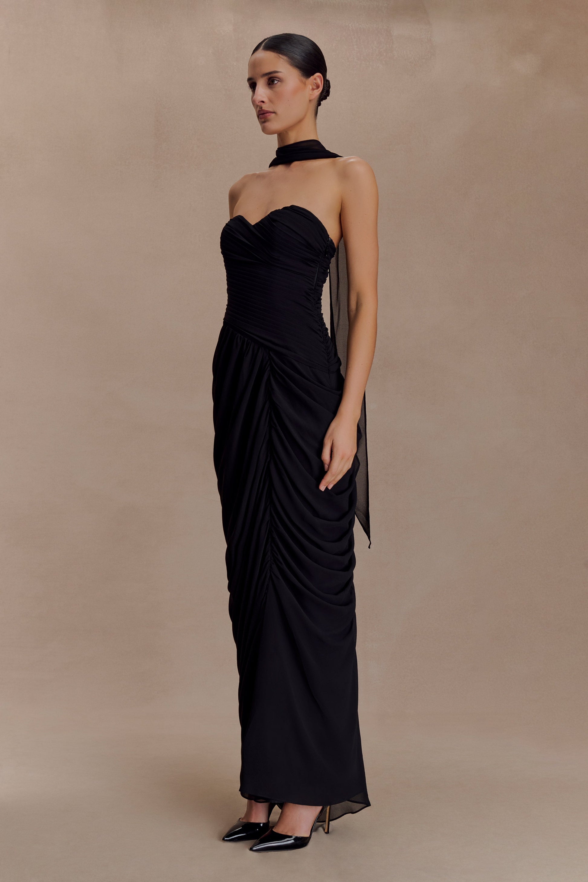 Micaela Chiffon Gathered Maxi Dress - Black #2