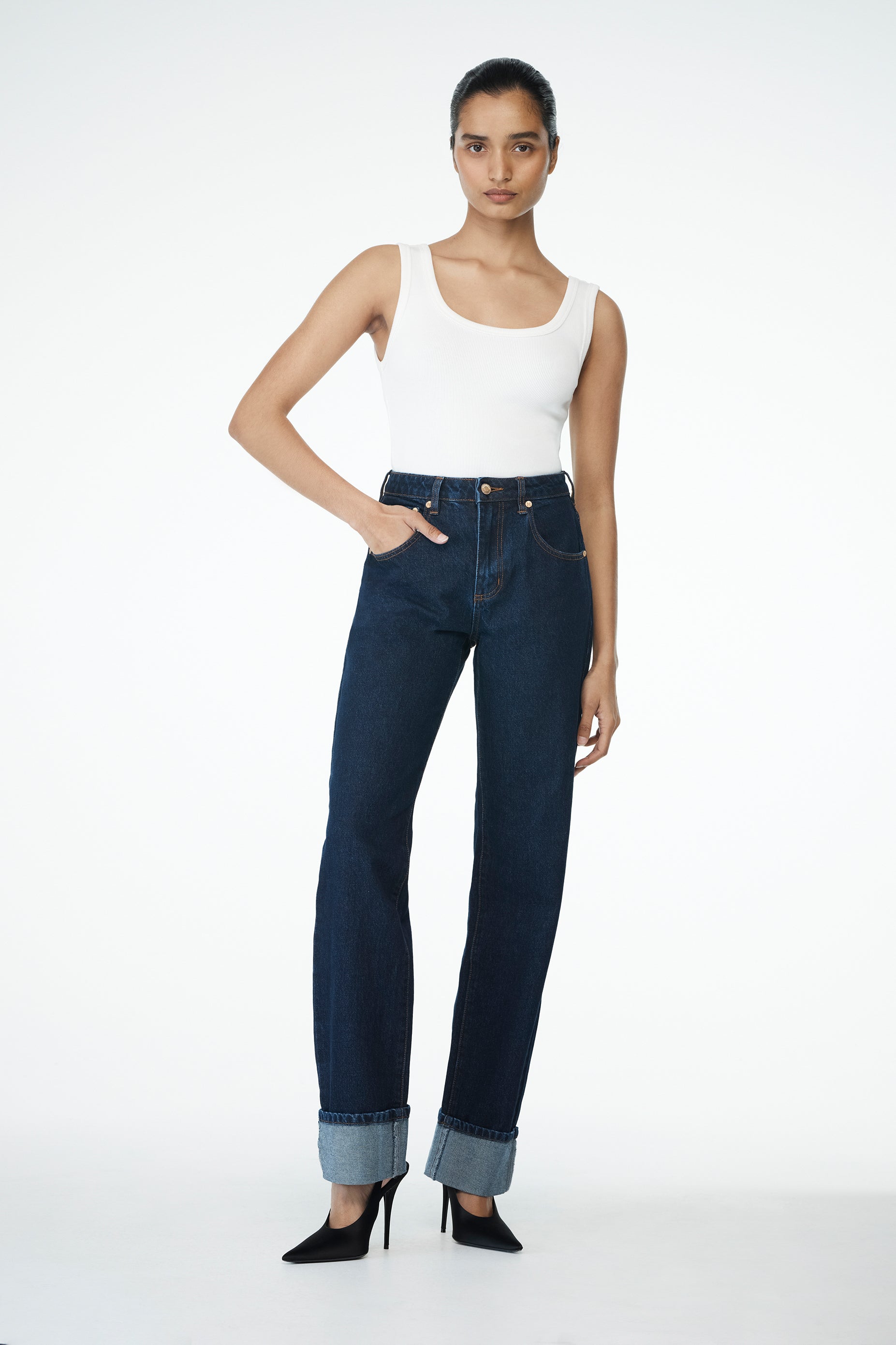 Kirralee Straight Leg Cuffed Jeans - Indigo Blue | MESHKI US