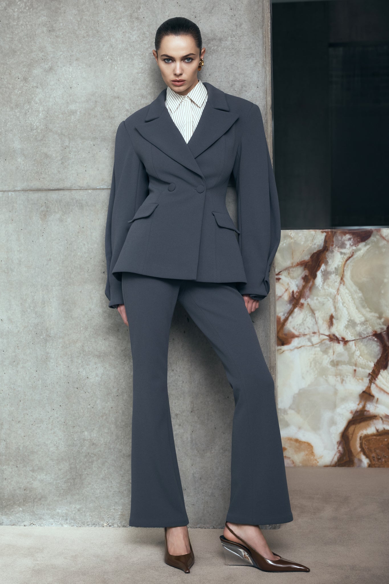 Marion Fit And Flare Pant - Charcoal Shadow | MESHKI US Marion Fit And Flare Pant - Charcoal Shadow | MESHKI US