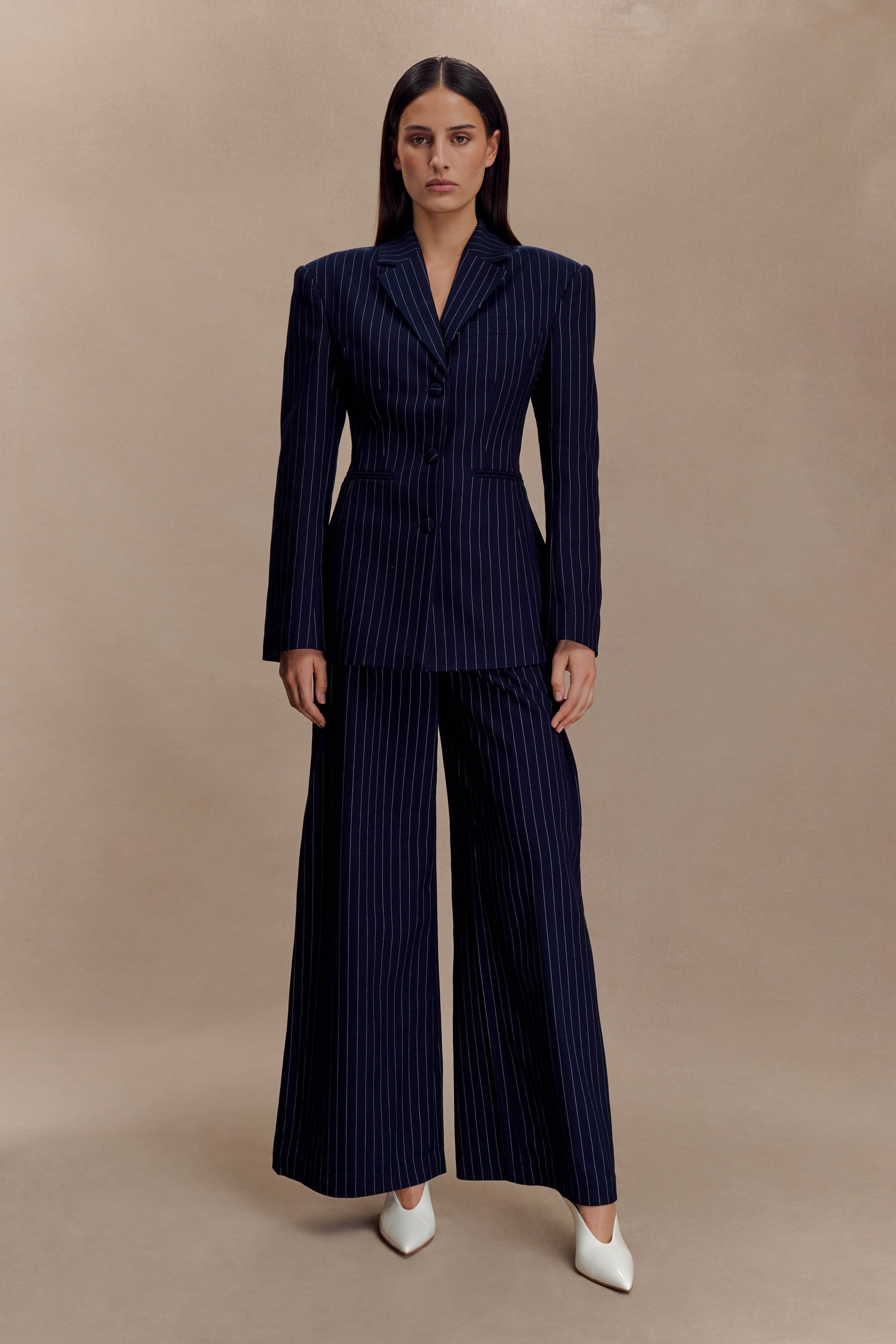 Jacqueline Pleated Wide Leg Pants - Navy Pinstripe | MESHKI US