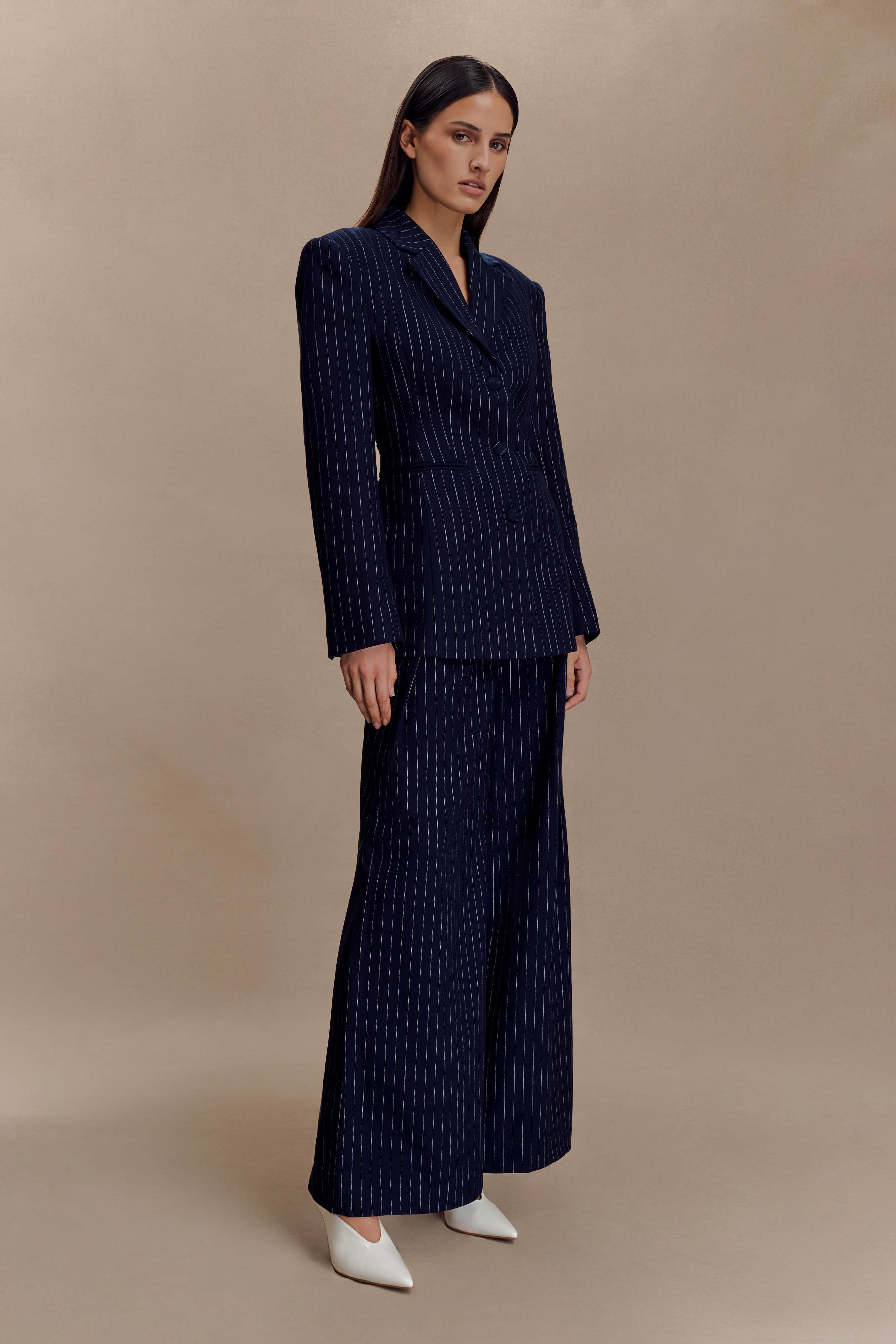 Jacqueline Pleated Wide Leg Pants - Navy Pinstripe | MESHKI US