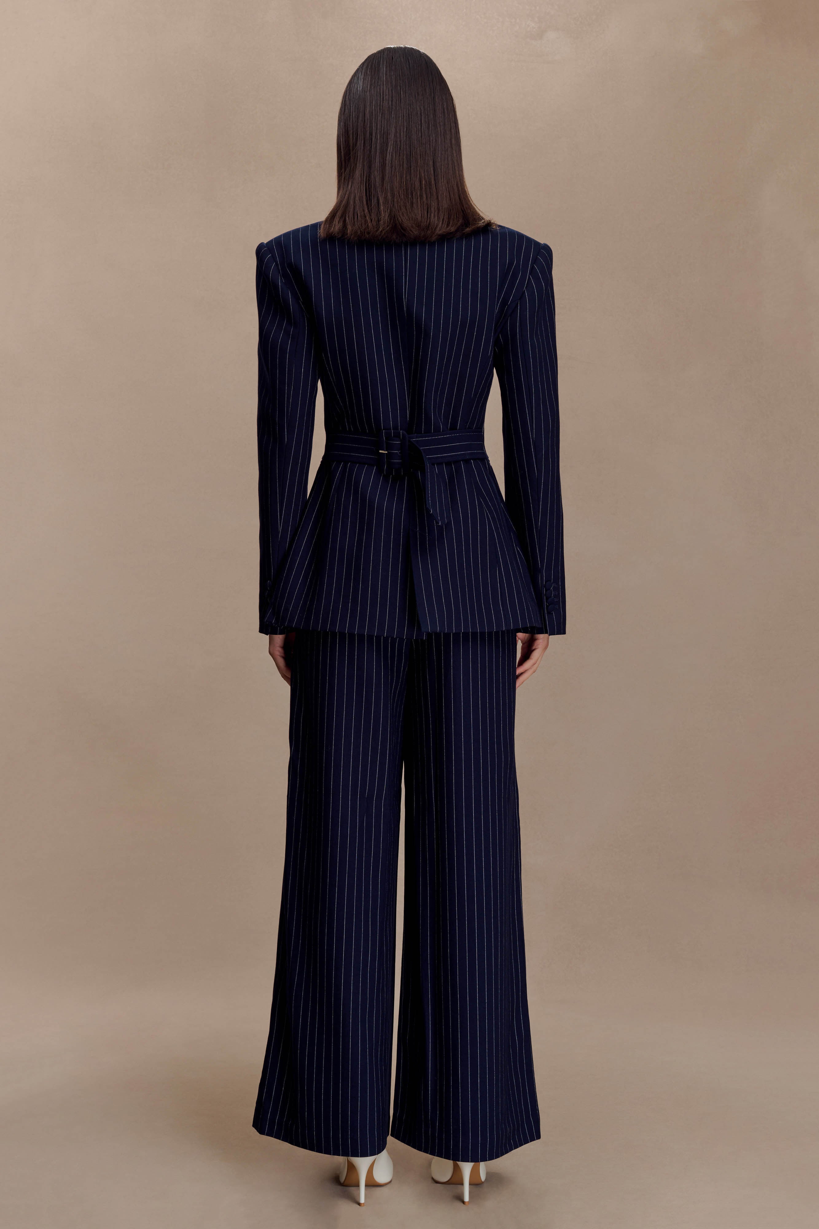 Jacqueline Pleated Wide Leg Pants - Navy Pinstripe | MESHKI US