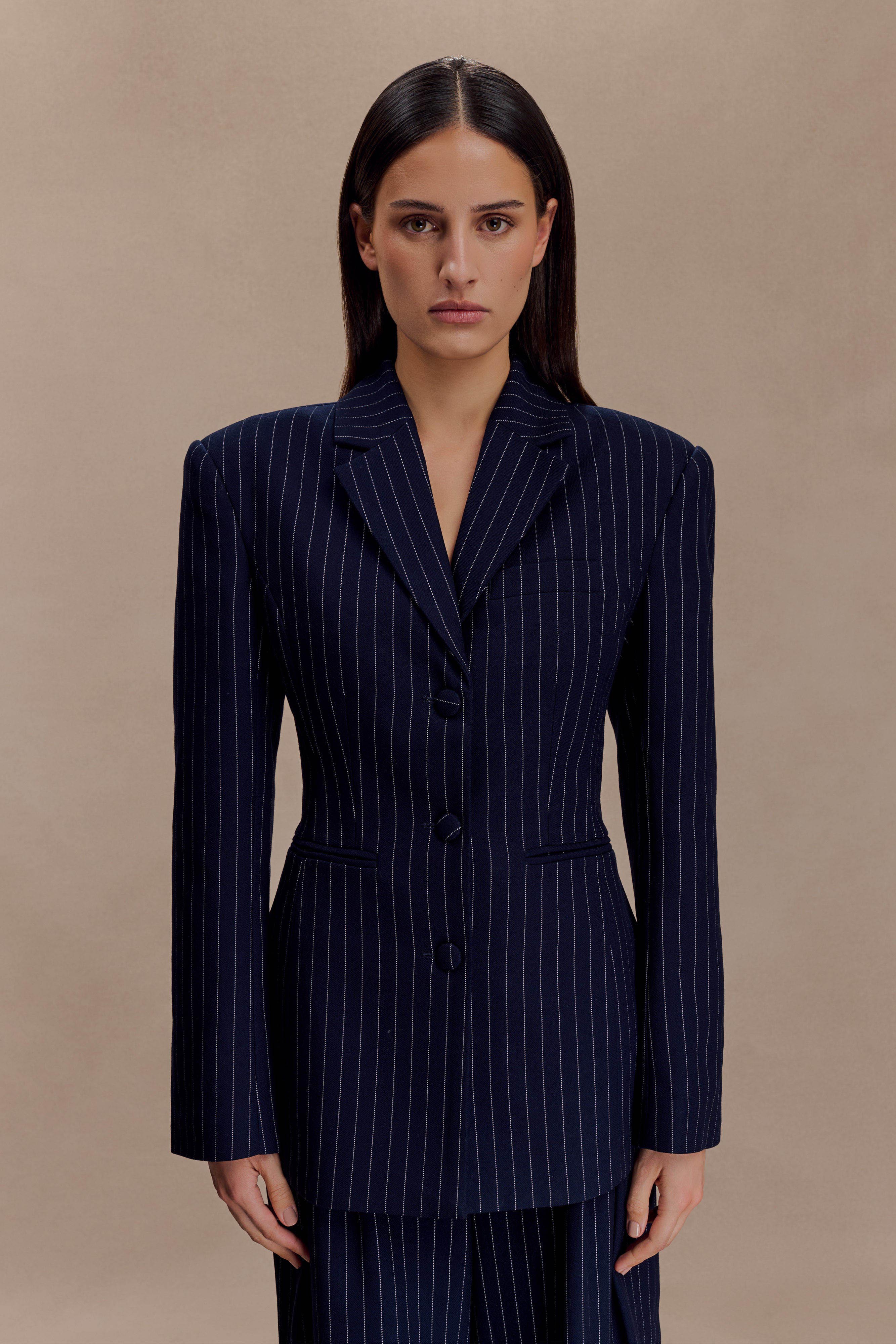 Bellamy Cinched Blazer - Navy Pinstripe | MESHKI US