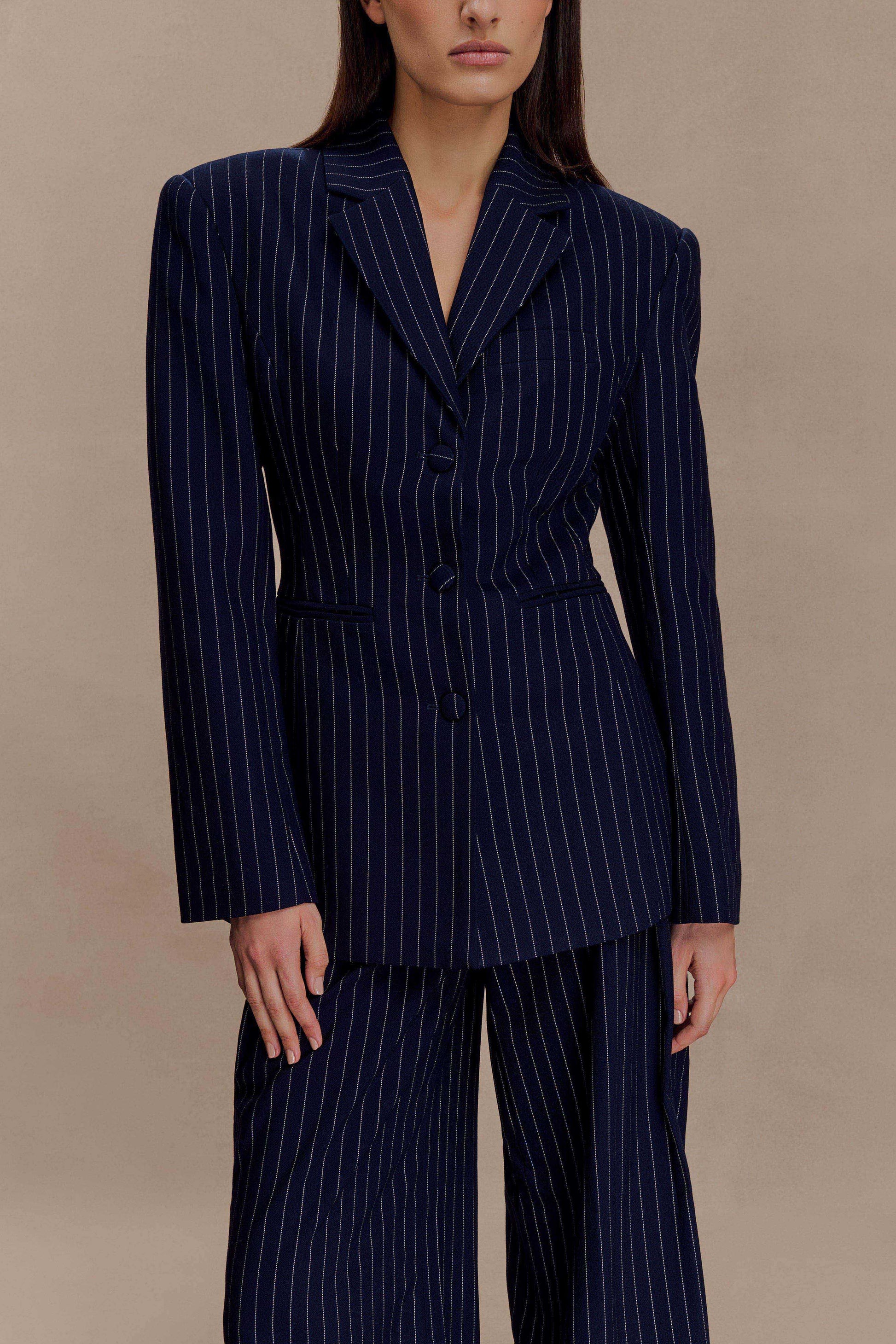 Bellamy Cinched Blazer / Navy Pinstripe | MESHKI | M Bellamy Cinched Blazer / Navy Pinstripe | MESHKI | M