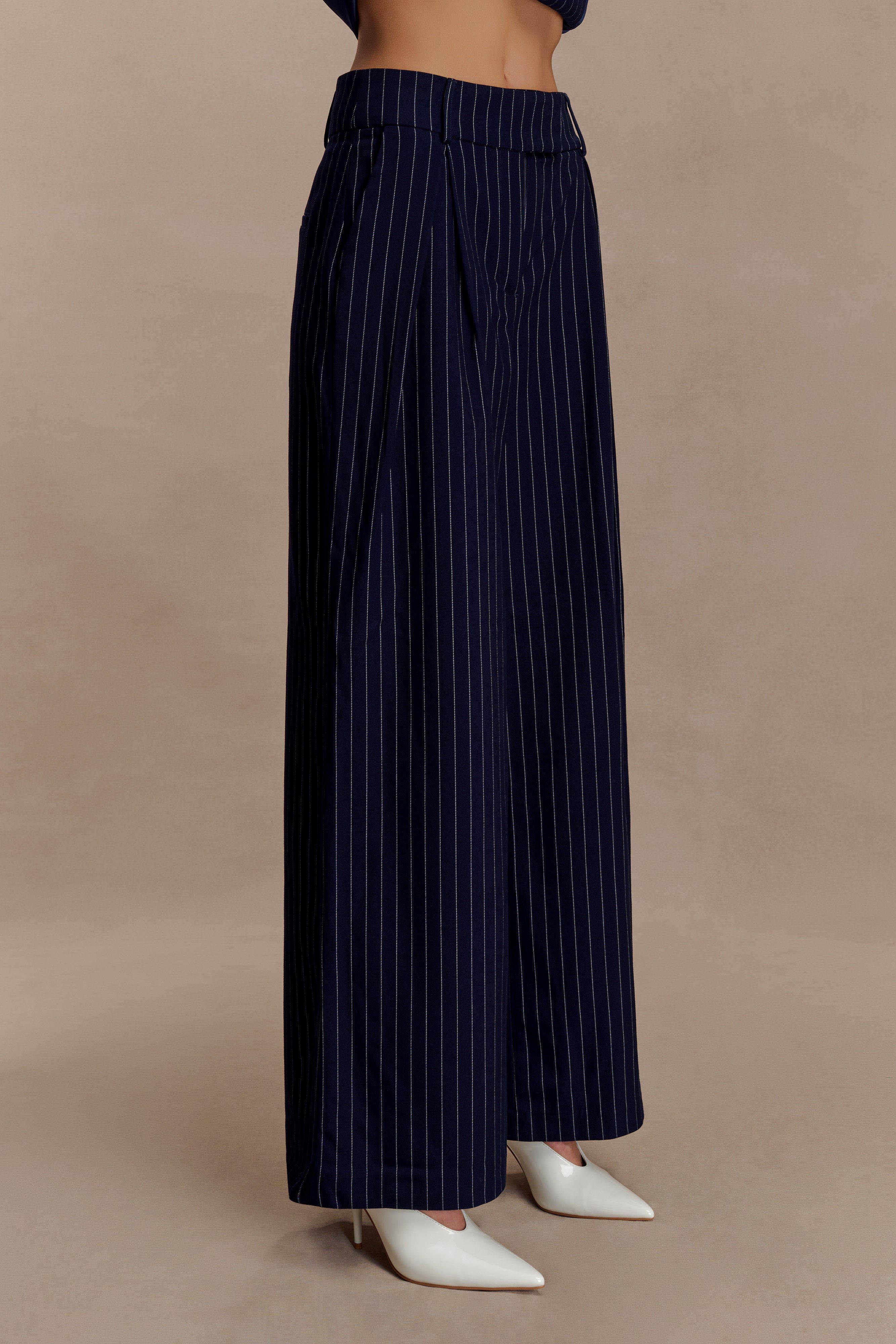 Jacqueline Pleated Wide Leg Pants - Navy Pinstripe | MESHKI US