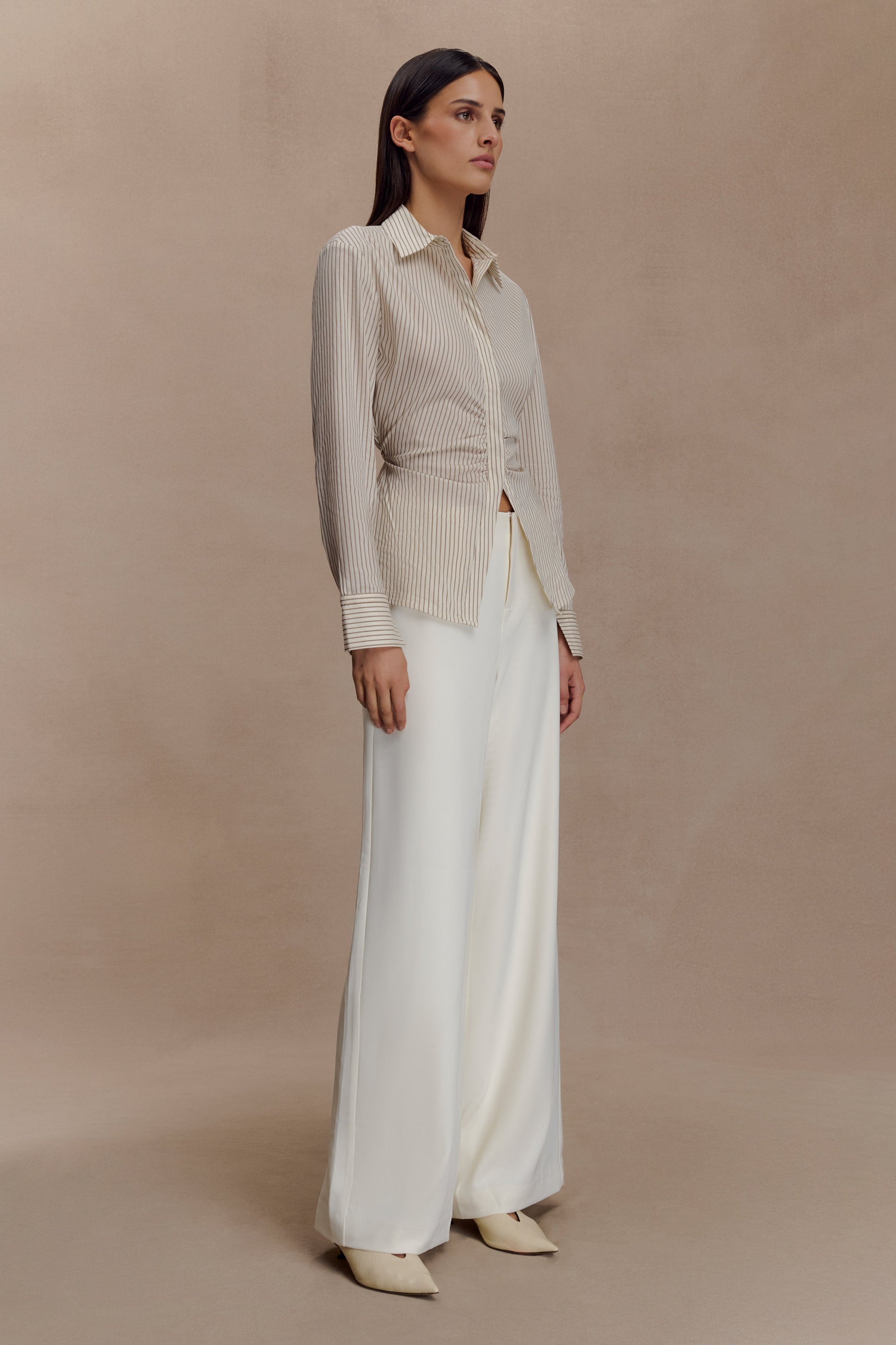 Millie Tie Back Cotton Shirt - Beige Pinstripe #6