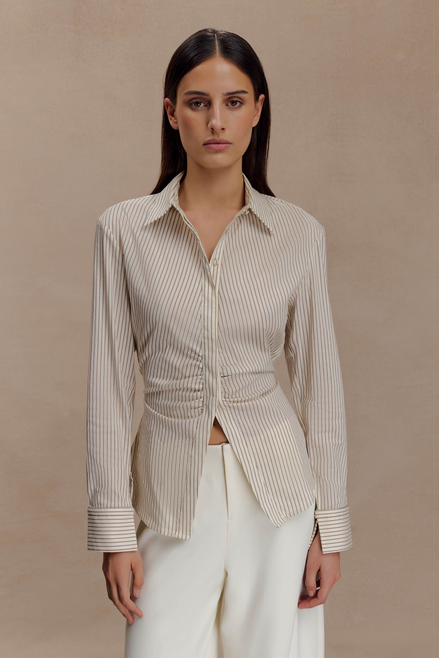 Millie Tie Back Cotton Shirt - Beige Pinstripe