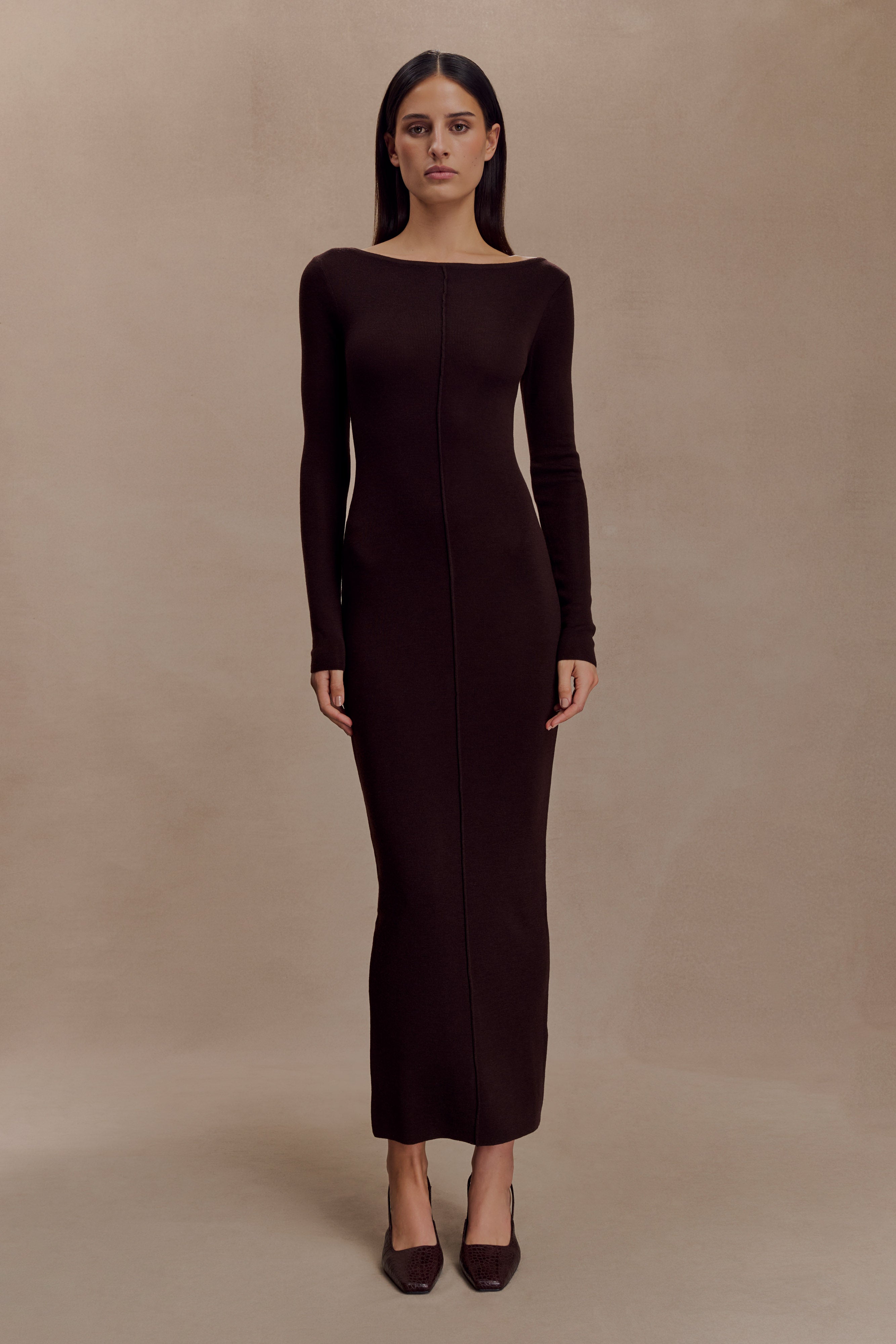 Cleona Merino Wool Ribbed Long Sleeve Maxi Dress - Deep