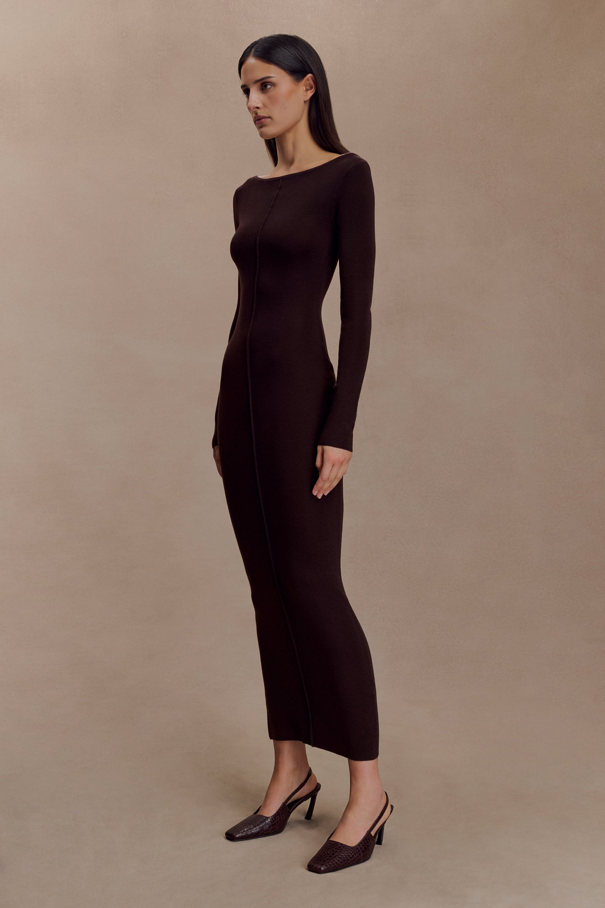 brown long sleeve midi dress Cleona Merino Wool Ribbed Long Sleeve Maxi Dress / Deep Chocolate | MESHKI