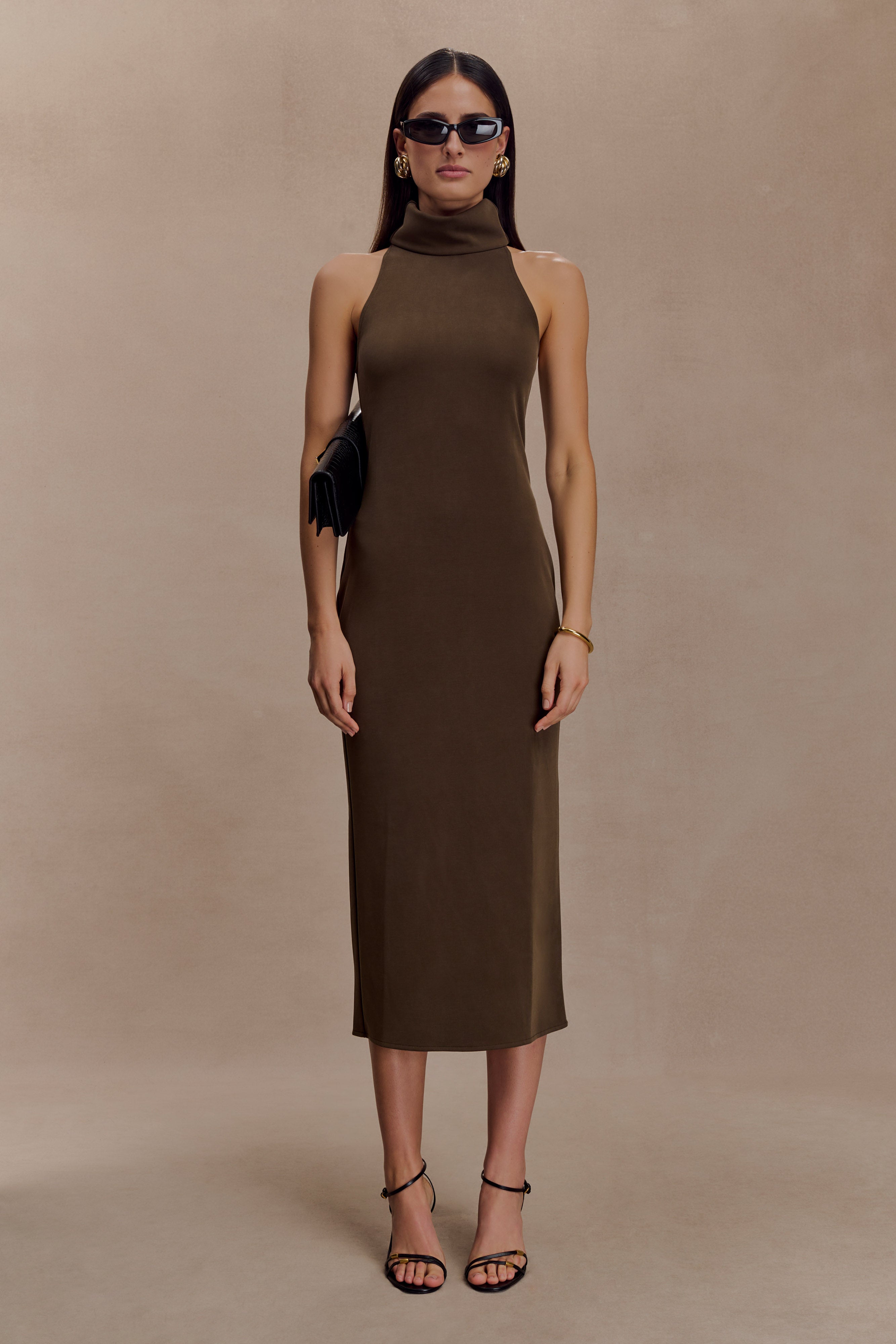 Kennedy High Neck Midi Dress - Chocolate | MESHKI US