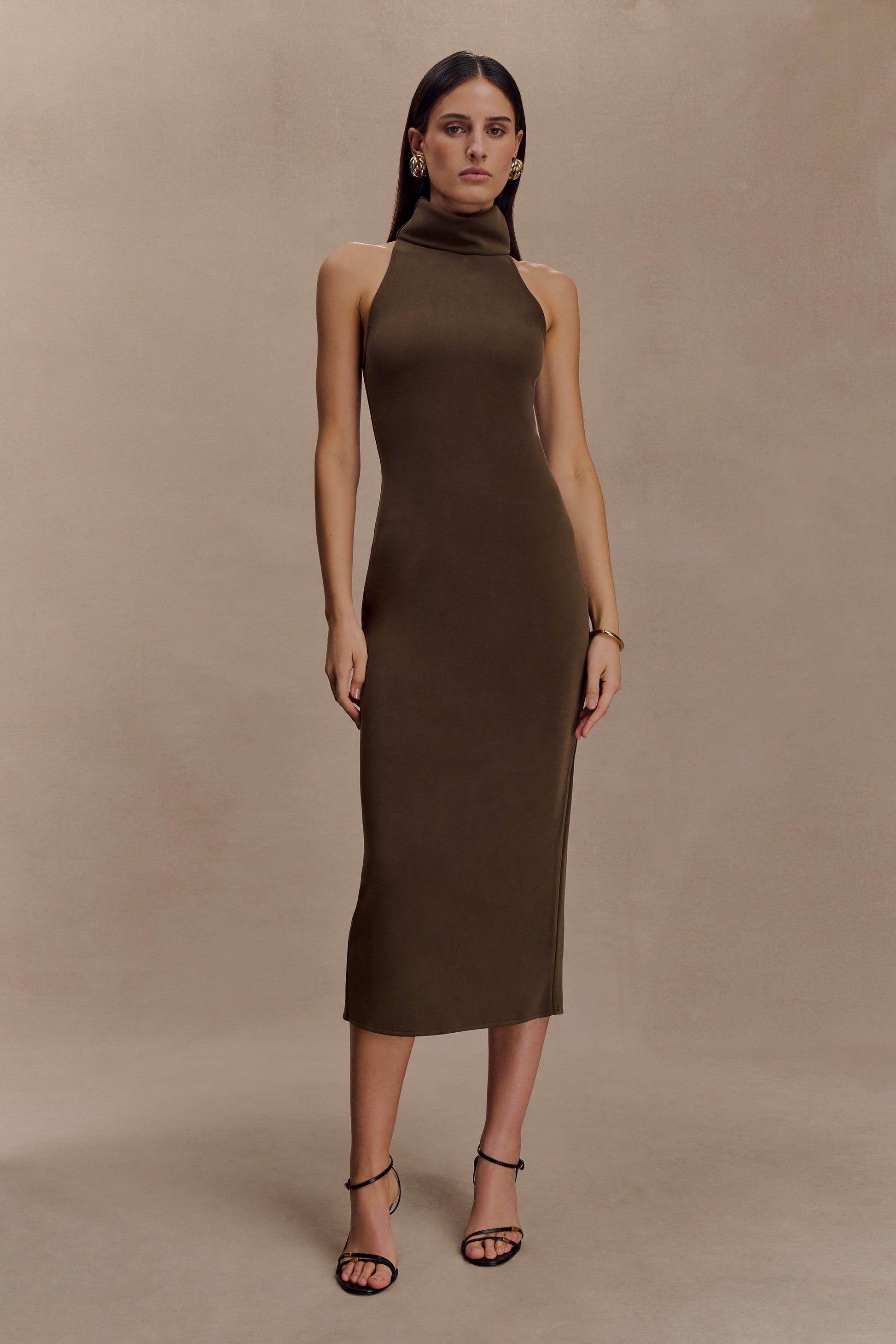 Kennedy High Neck Midi Dress / Chocolate | MESHKI | XS Kennedy High Neck Midi Dress / Chocolate | MESHKI | XS