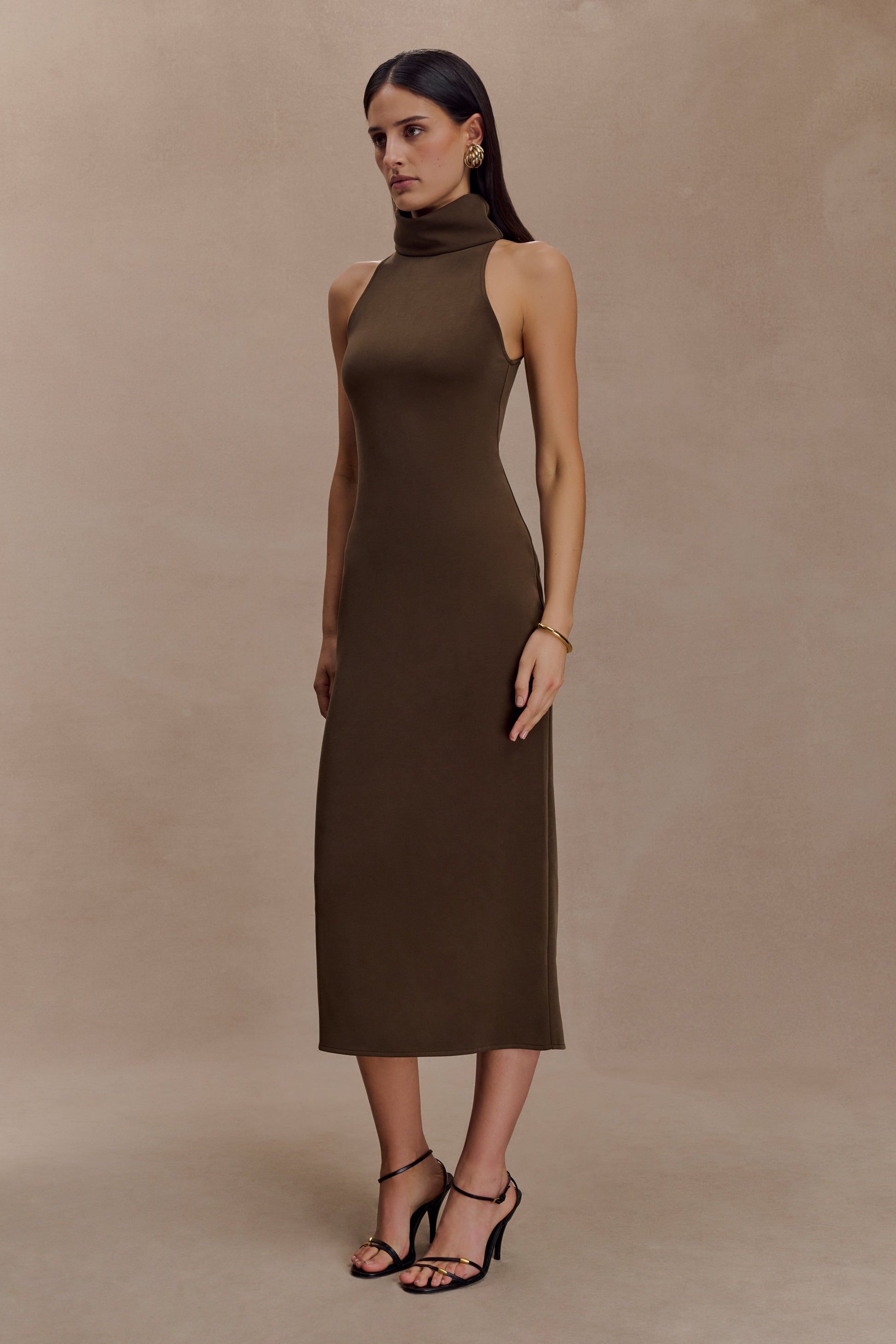 Kennedy High Neck Midi Dress / Chocolate | MESHKI | XS Kennedy High Neck Midi Dress / Chocolate | MESHKI | XS
