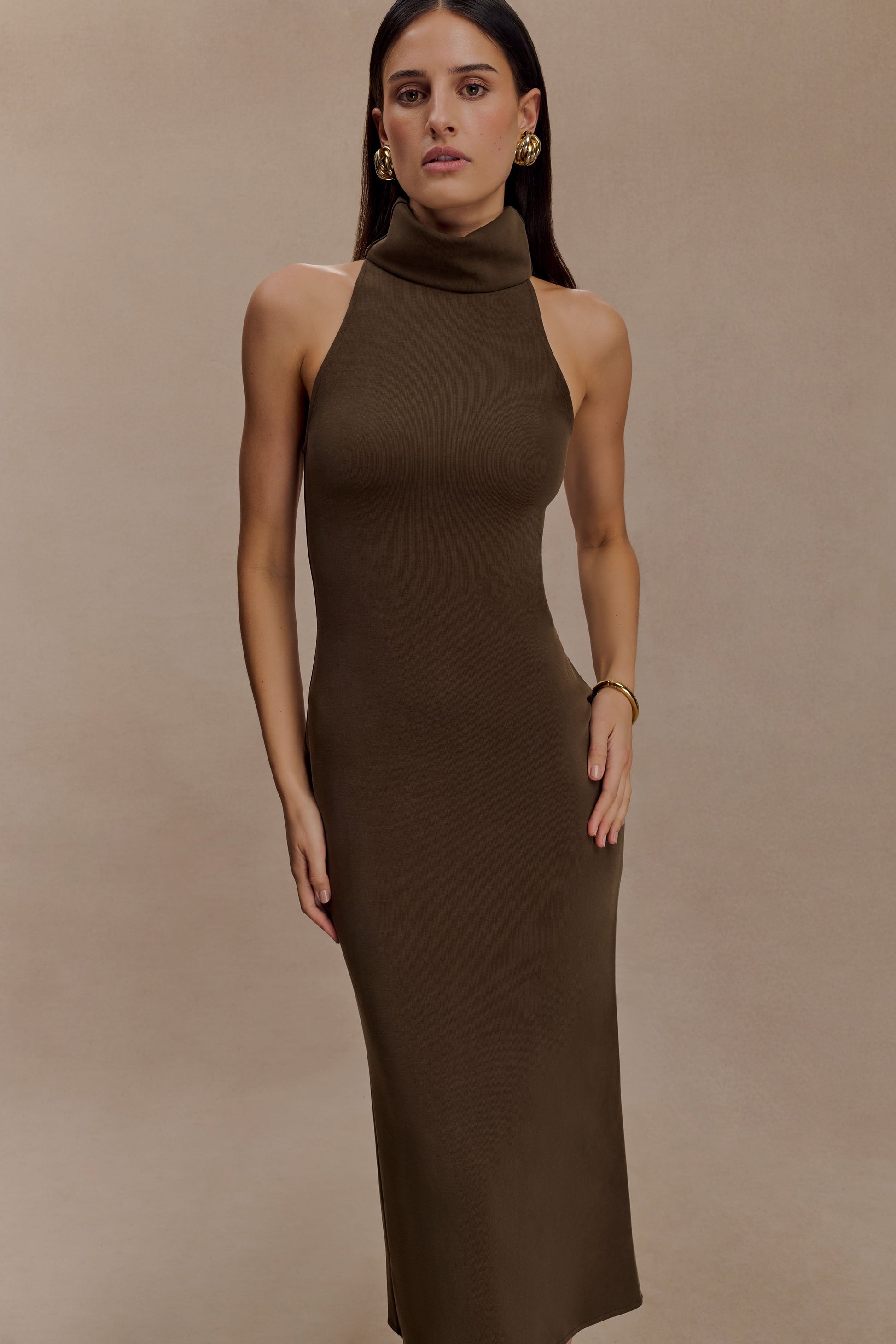 Kennedy High Neck Midi Dress / Chocolate | MESHKI
