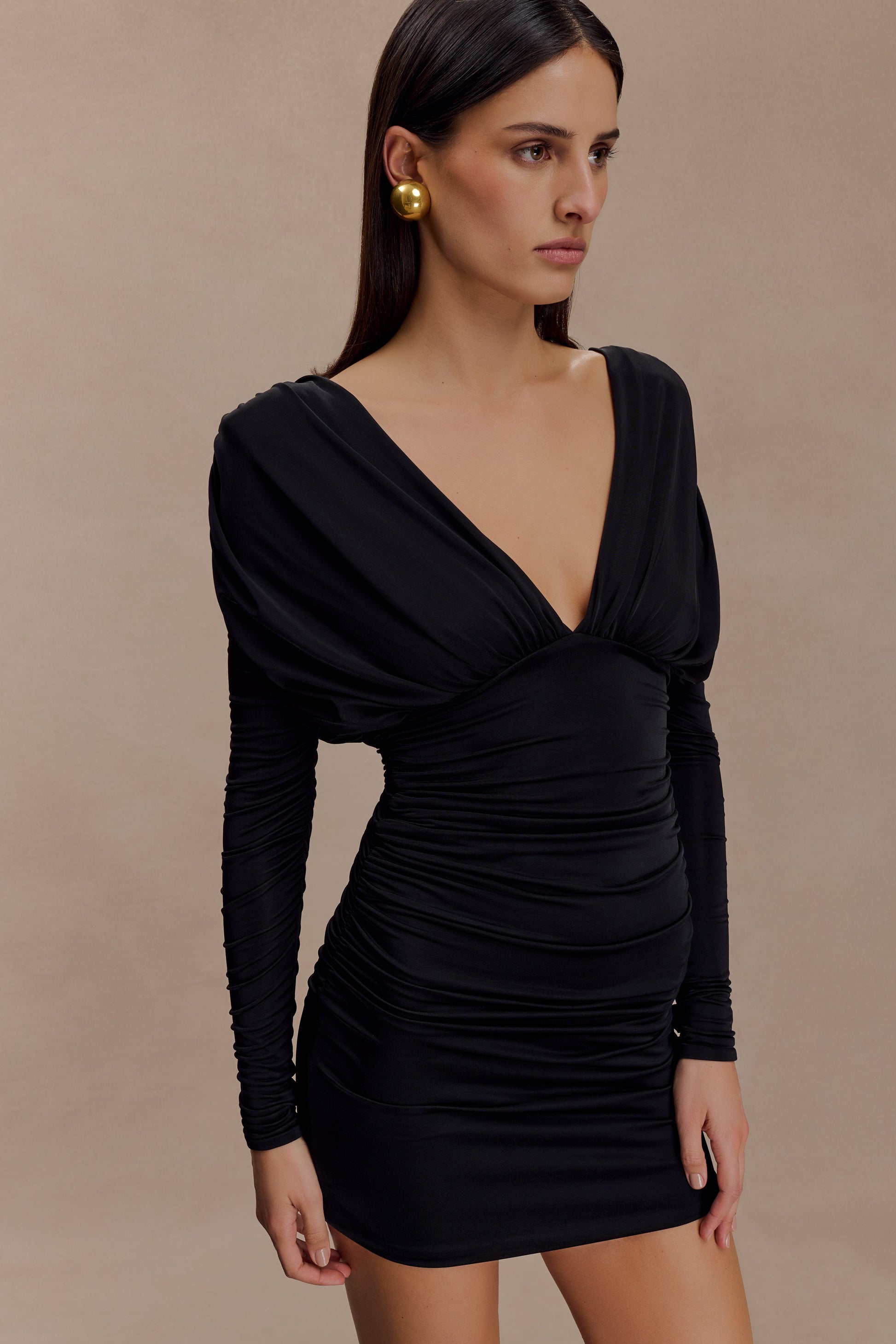 Hayden Long Sleeve Plunge Mini Dress - Black | MESHKI US Hayden Long Sleeve Plunge Mini Dress - Black | MESHKI US