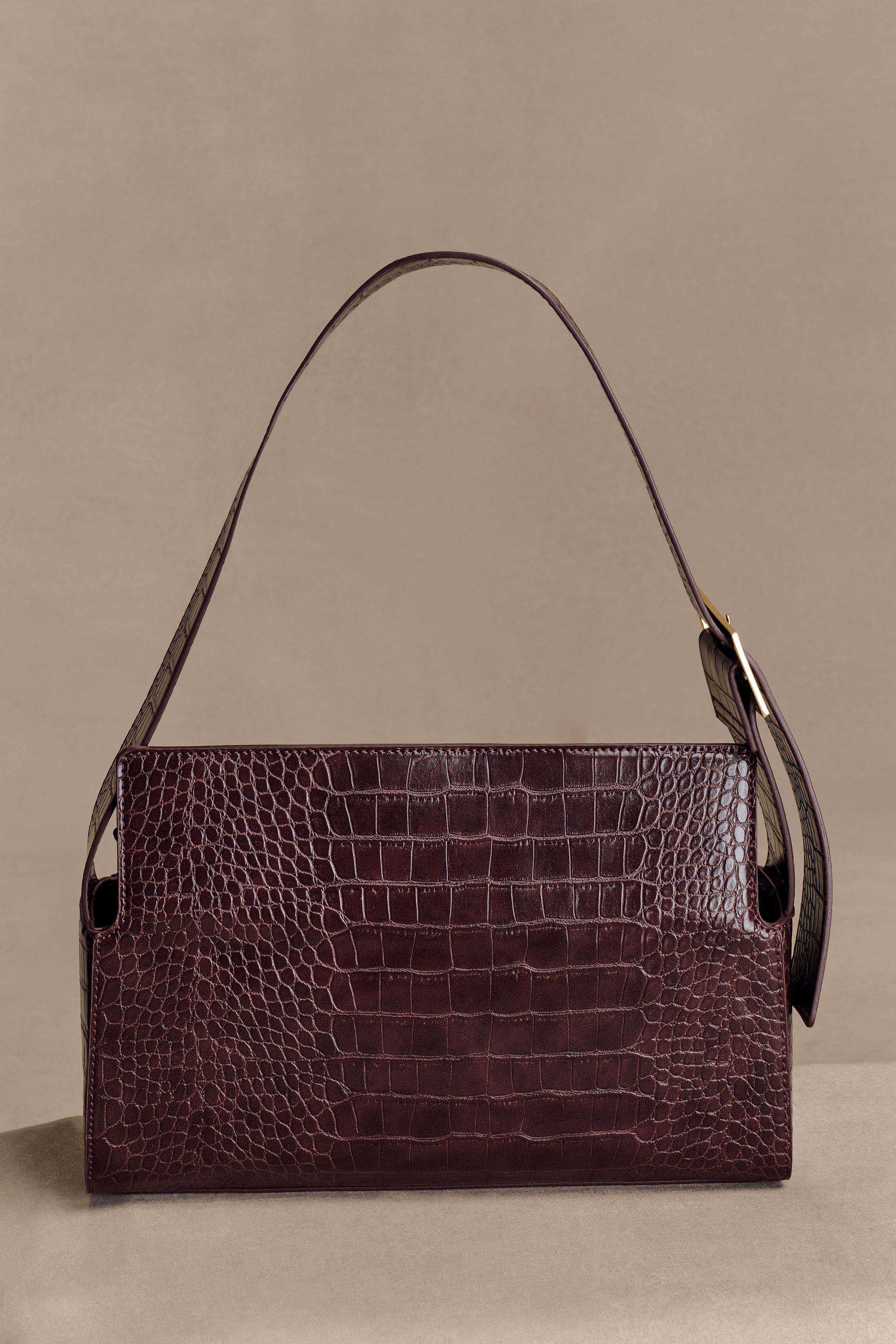Maria Faux Leather Crocodile Shoulder Bag - Chocolate | MESHKI US