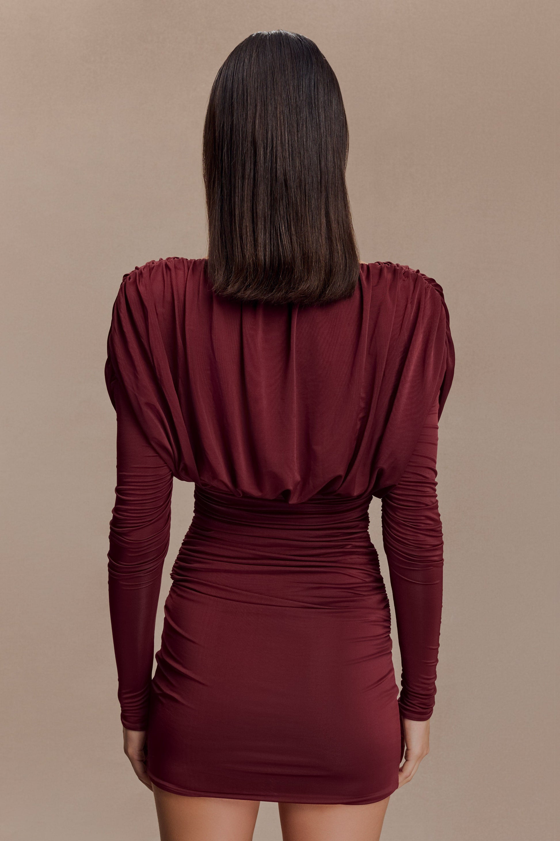 Hayden Long Sleeve Plunge Mini Dress - Burgundy | MESHKI US Hayden Long Sleeve Plunge Mini Dress - Burgundy | MESHKI US