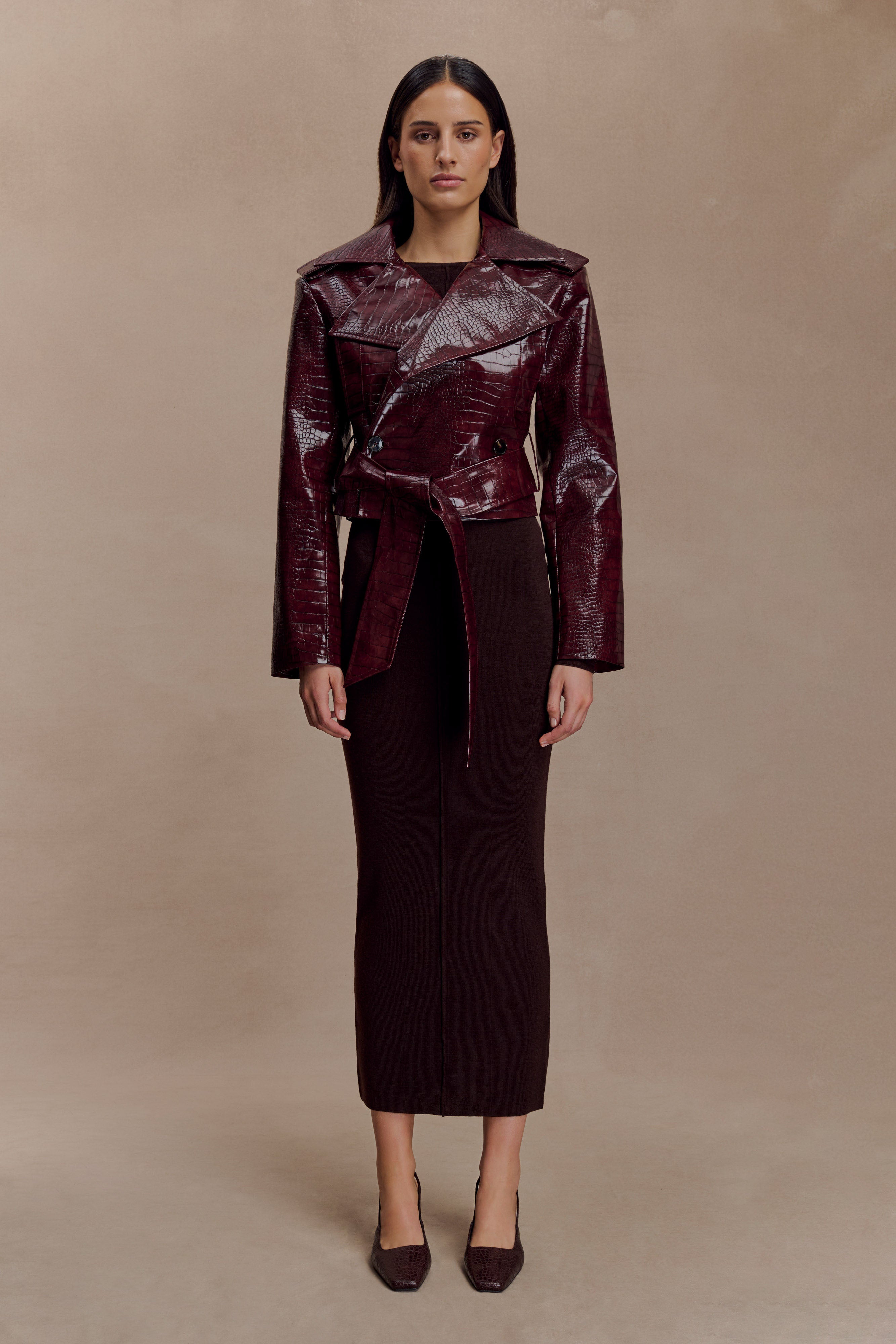 Archie Croc Faux Leather Cropped Jacket - Burgundy | MESHKI US