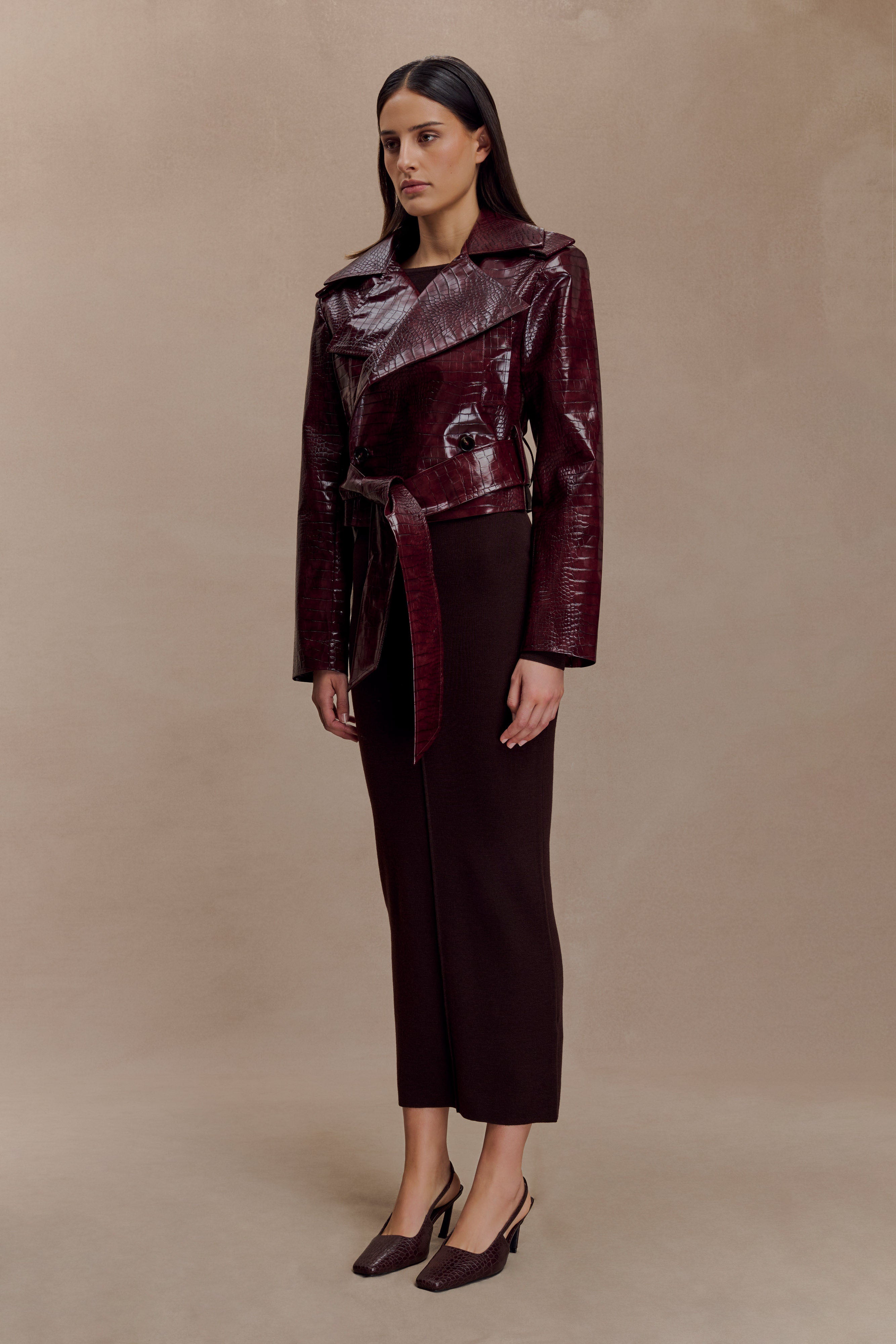 Archie Croc Faux Leather Cropped Jacket - Burgundy | MESHKI US
