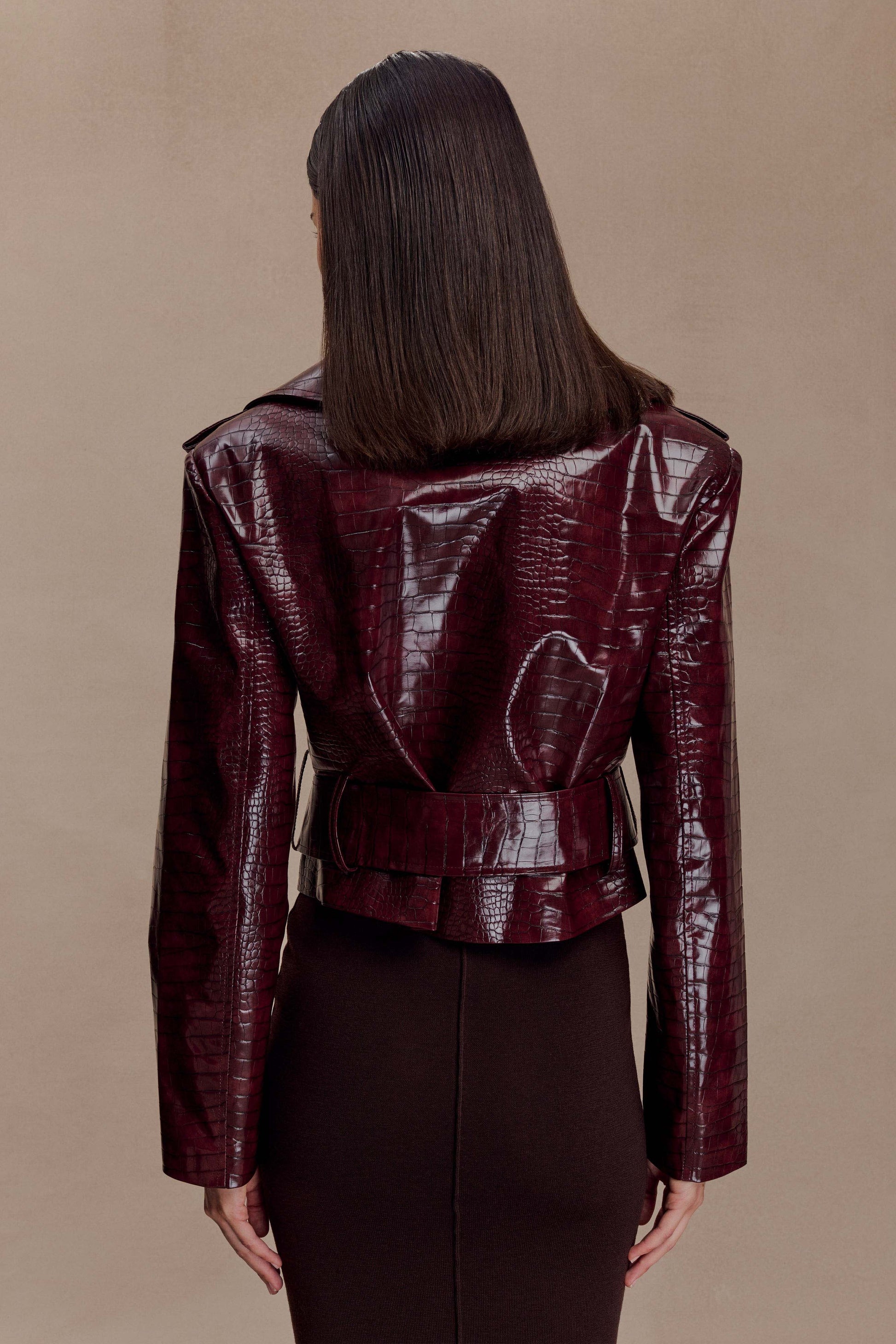 Archie Croc Faux Leather Cropped Jacket - Burgundy #5