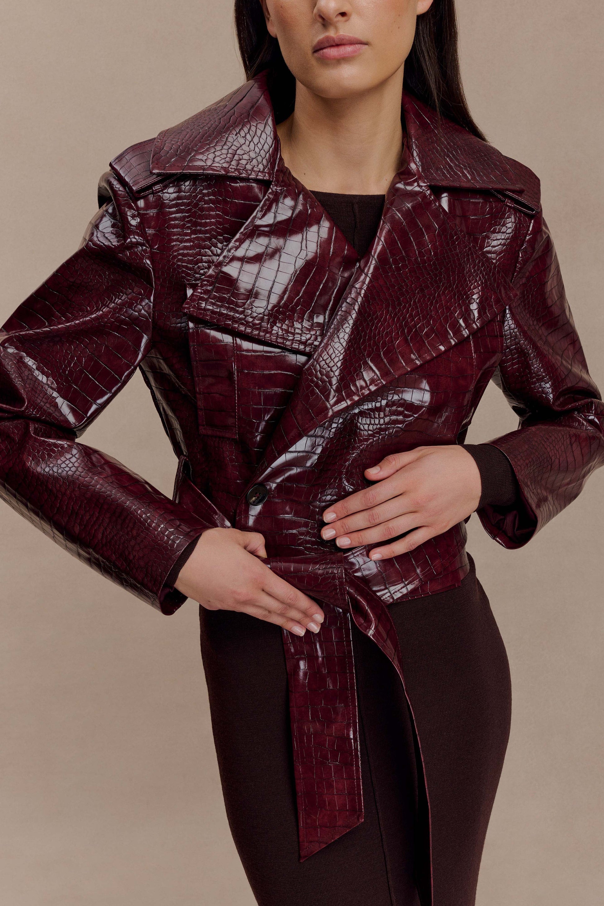 Archie Croc Faux Leather Cropped Jacket - Burgundy #3
