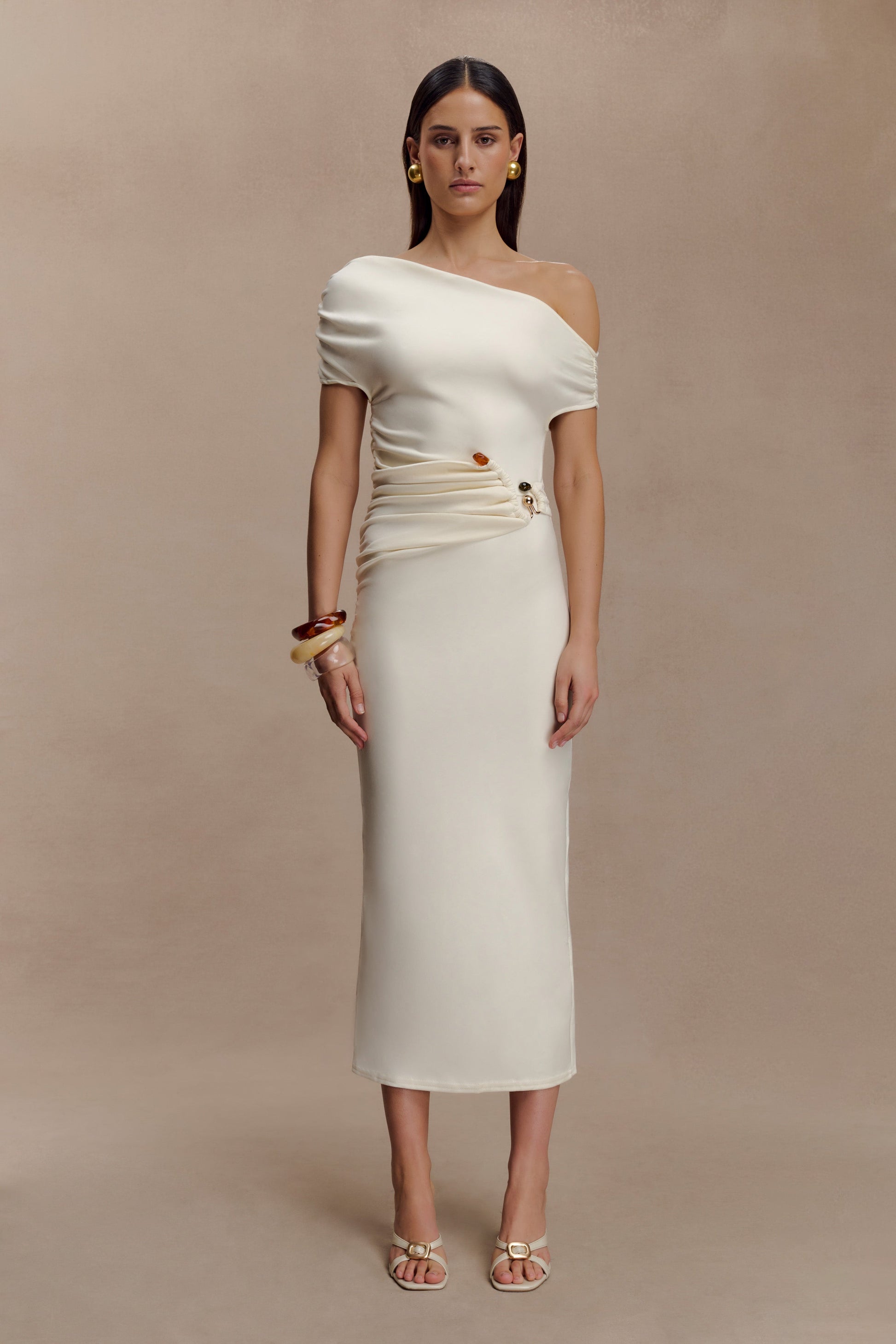 Kendra Scuba Jersey Midi Dress With Hardware / Ivory | MESHKI