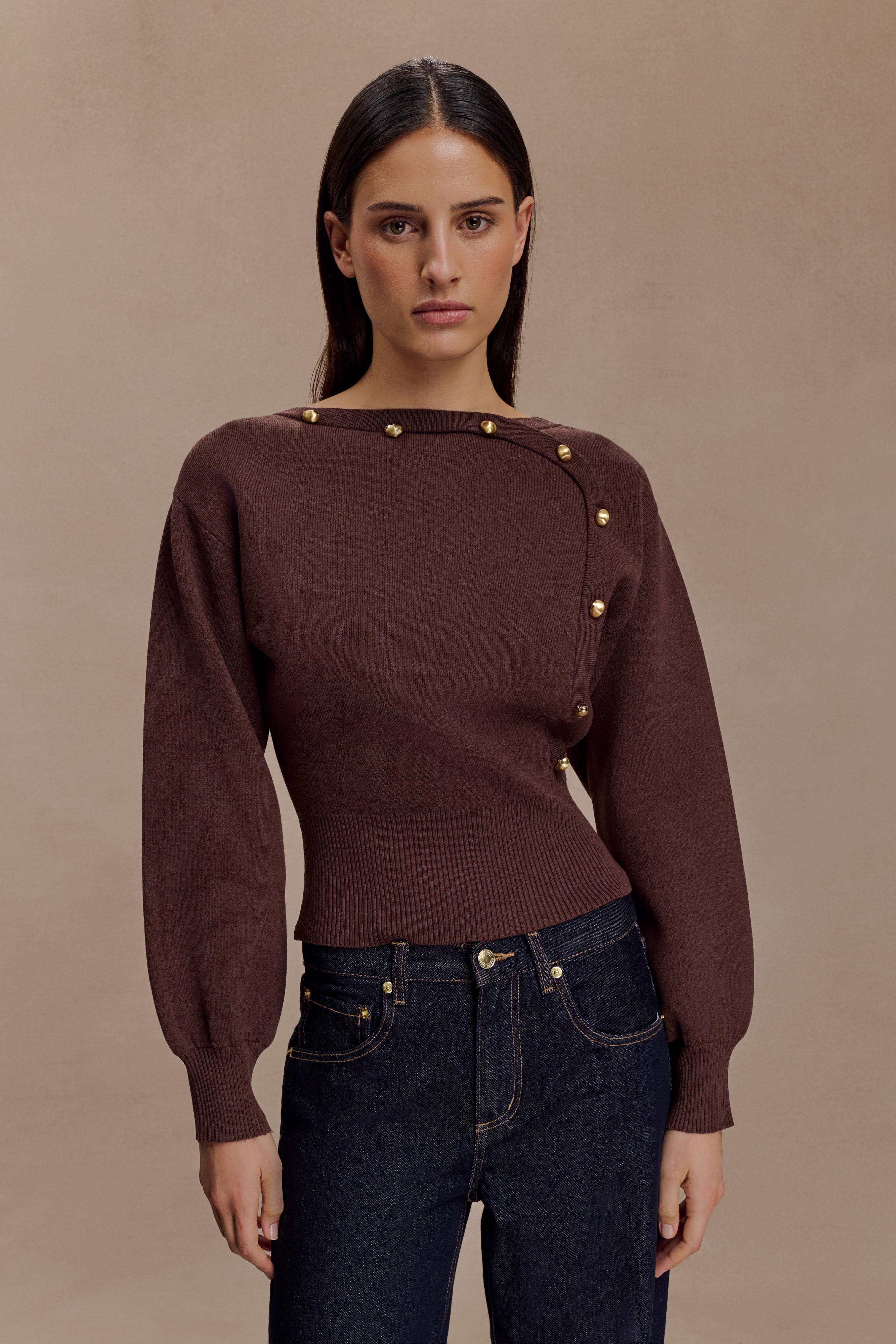 Mertyle Aysmetrical Knit Jumper - Deep Chocolate | MESHKI US