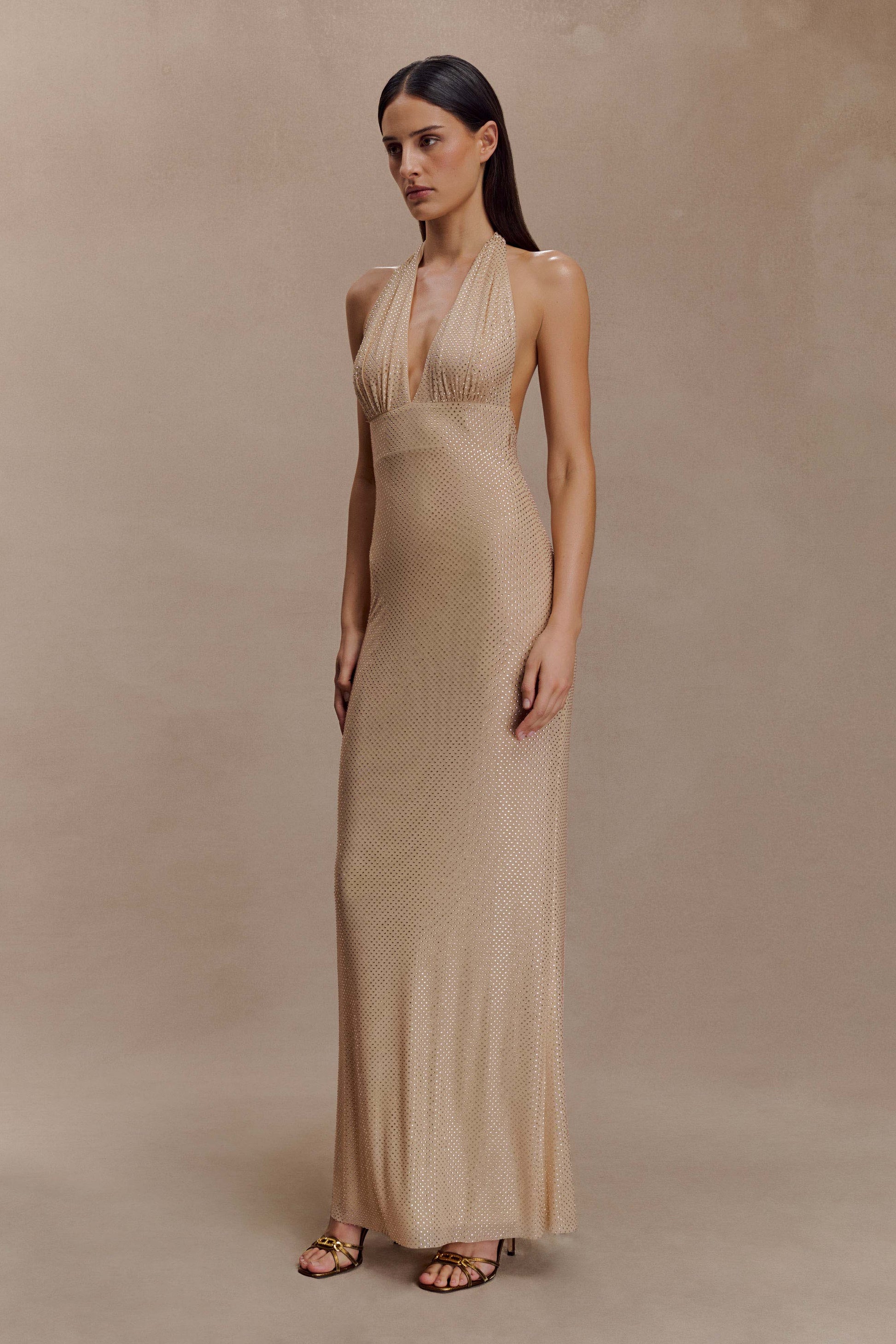 Harriet Halter Neck Diamante Maxi Dress / Sandy Gold | MESHKI Harriet Halter Neck Diamante Maxi Dress / Sandy Gold | MESHKI
