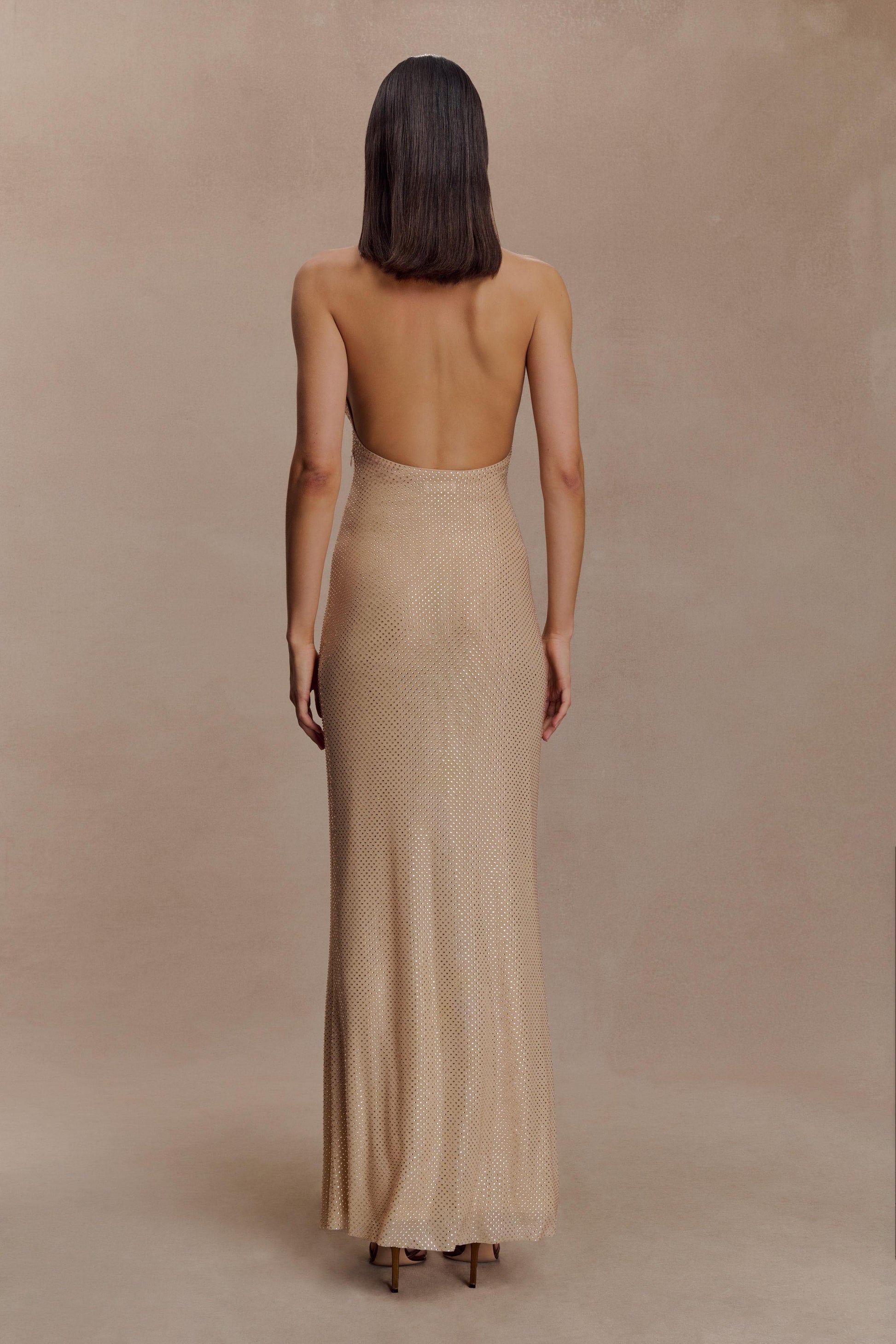 Harriet Halter Neck Diamante Maxi Dress - Sandy Gold | MESHKI US Harriet Halter Neck Diamante Maxi Dress - Sandy Gold | MESHKI US