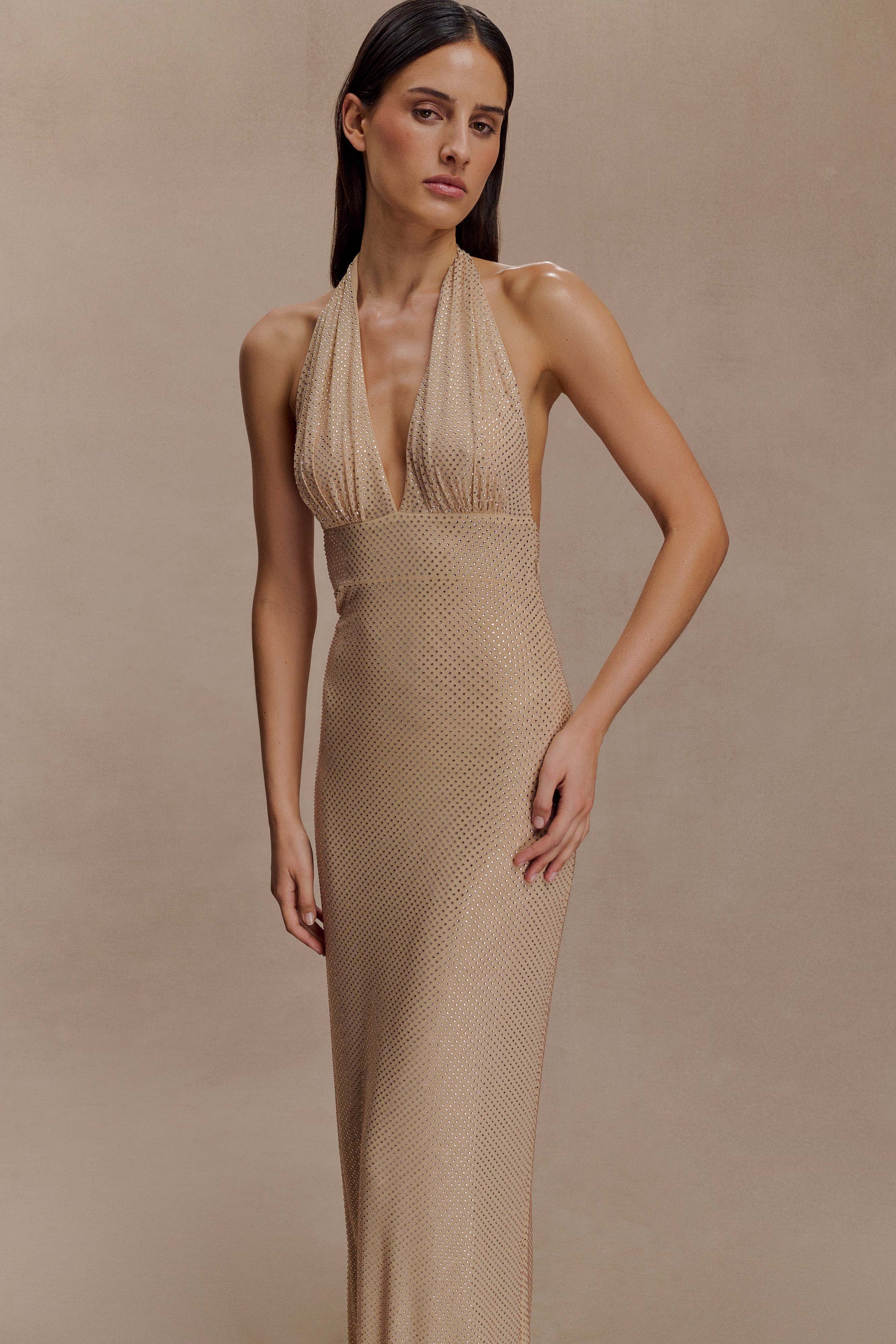 Harriet Halter Neck Diamante Maxi Dress / Sandy Gold | MESHKI