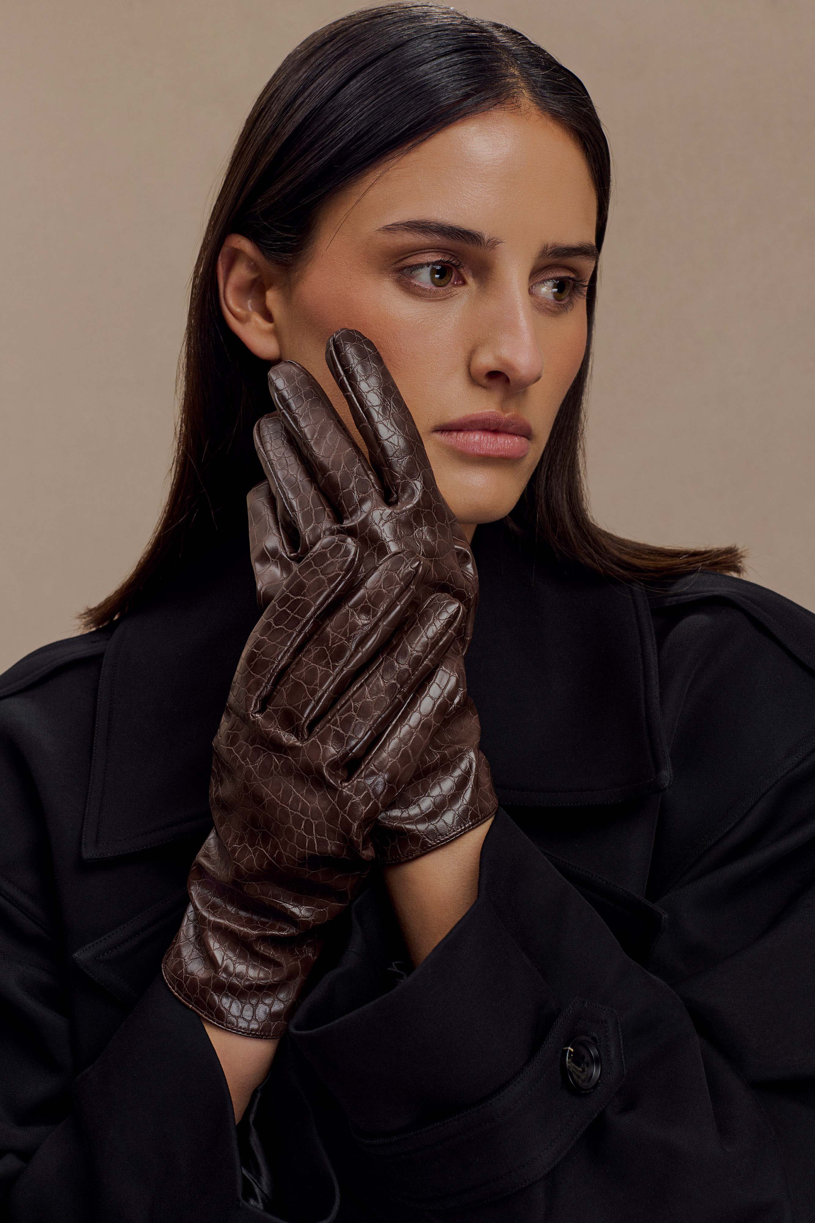 Atlas Faux Leather Crocodile Gloves - Chocolate | MESHKI US