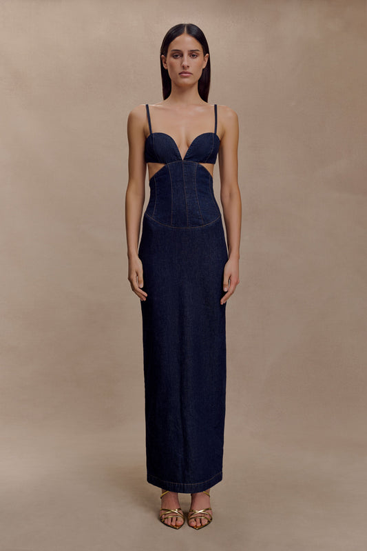Amila Denim Cupped Maxi Dress - Indigo Blue
