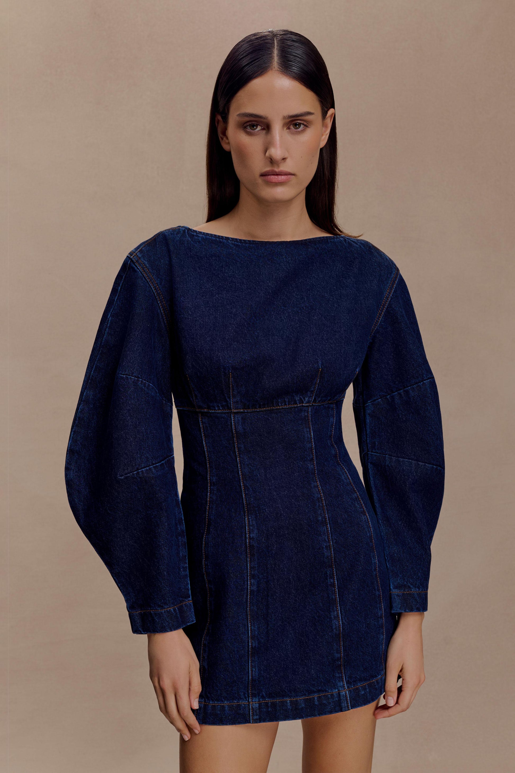 Cosmala Denim Long Sleeve Mini Dress / Indigo Blue | MESHKI