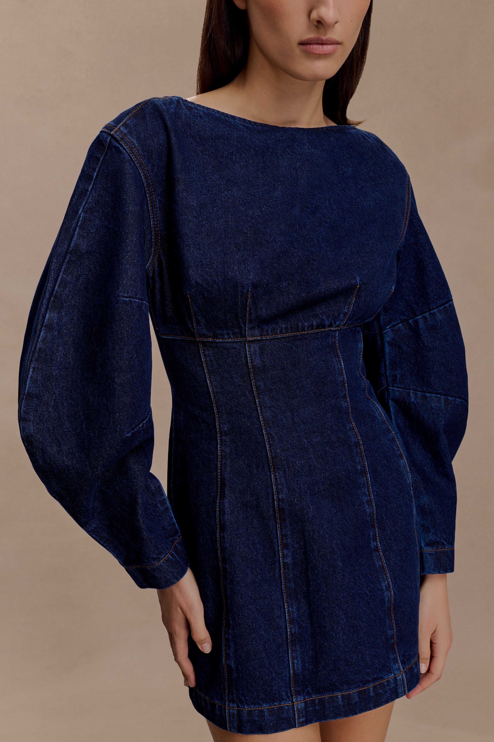 Cosmala Denim Long Sleeve Mini Dress / Indigo Blue | MESHKI