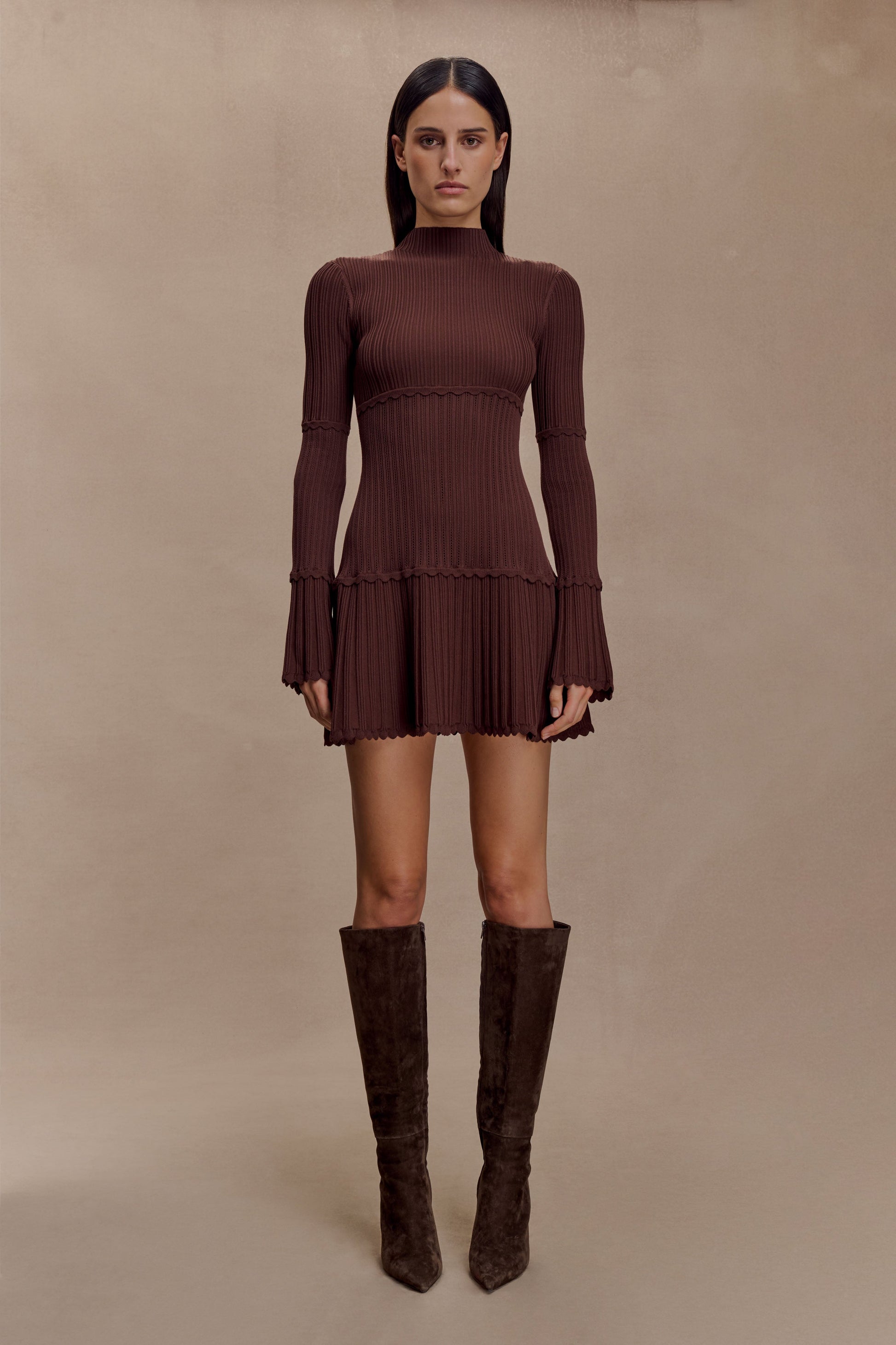 Adena Pointelle Knit Mini Dress / Chocolate | MESHKI | XXL Adena Pointelle Knit Mini Dress / Chocolate | MESHKI | XXL