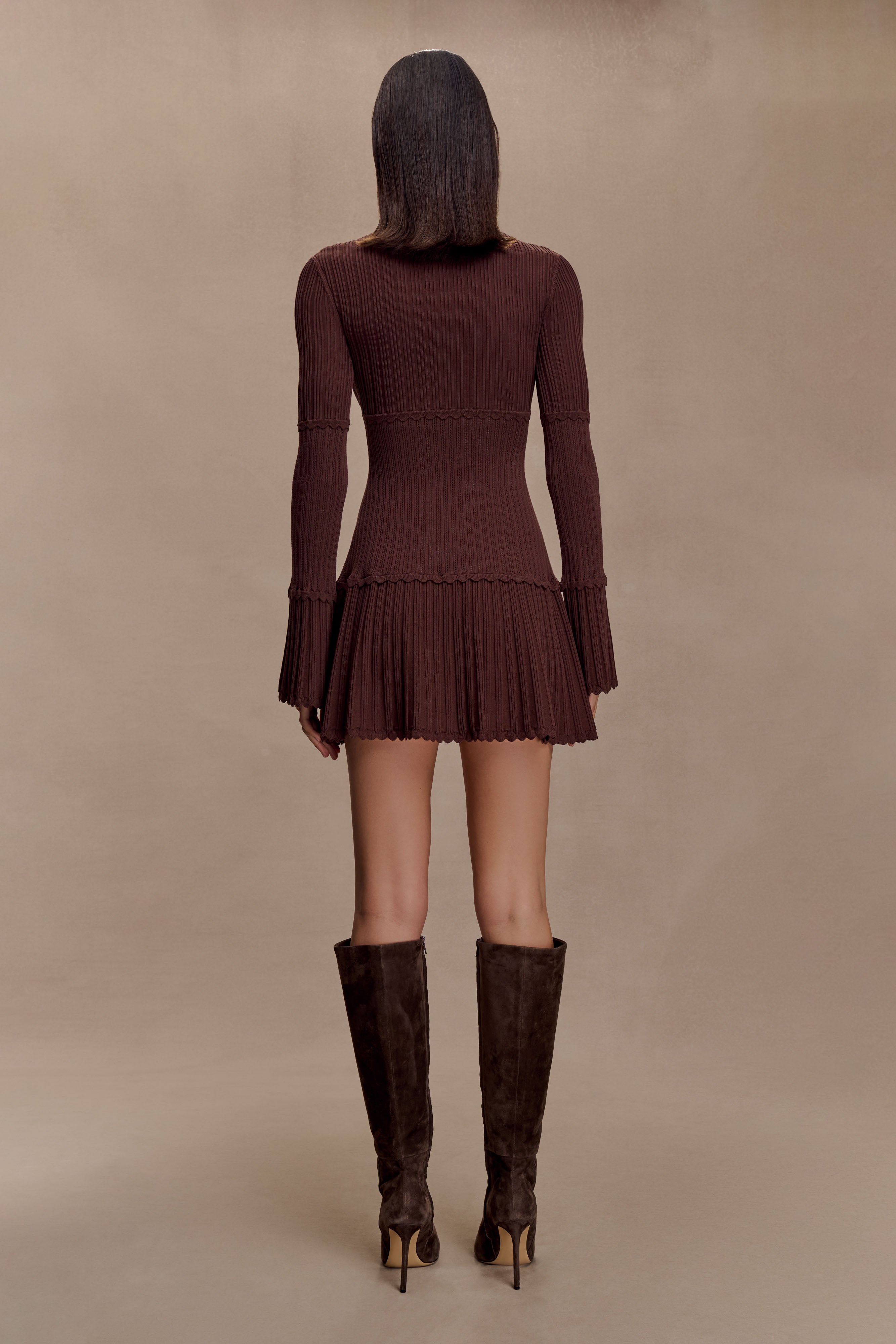 Adena Pointelle Knit Mini Dress - Chocolate | MESHKI US Adena Pointelle Knit Mini Dress - Chocolate | MESHKI US