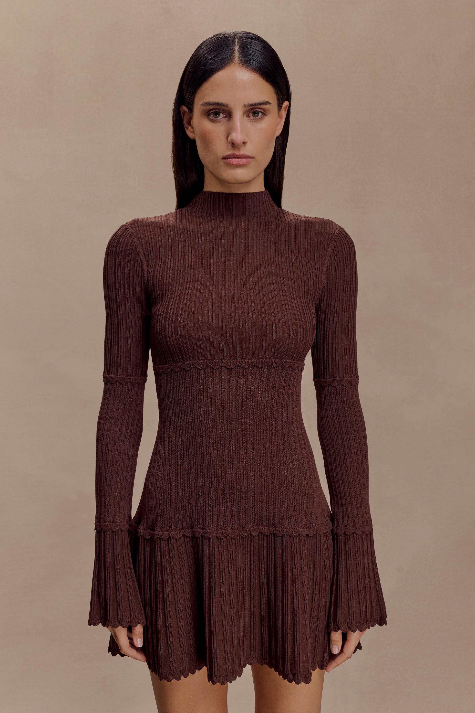 Adena Pointelle Knit Mini Dress / Chocolate | MESHKI | XXL Adena Pointelle Knit Mini Dress / Chocolate | MESHKI | XXL