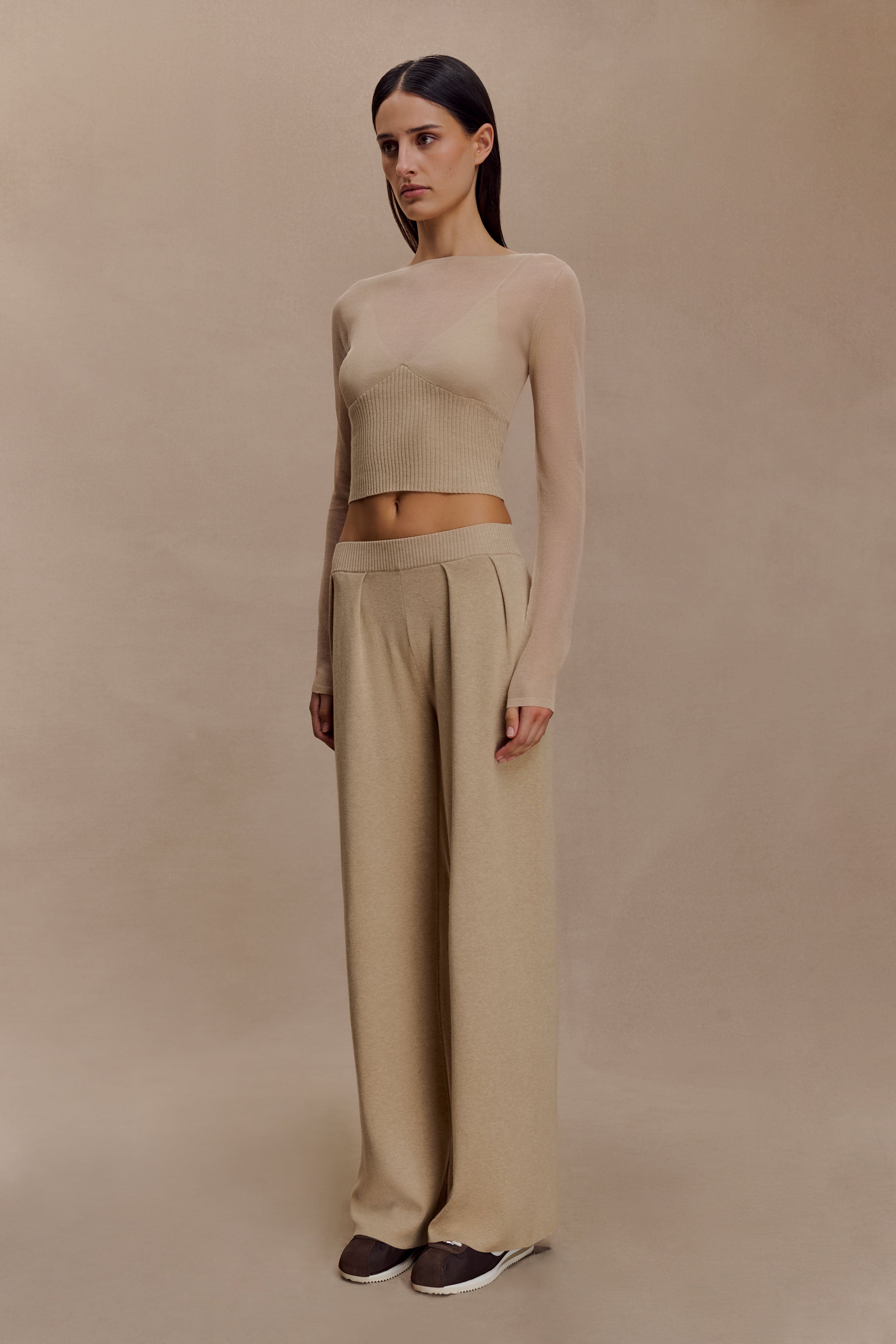 Frannie Gathered Silk Blend Knit Pants - Sand | MESHKI US