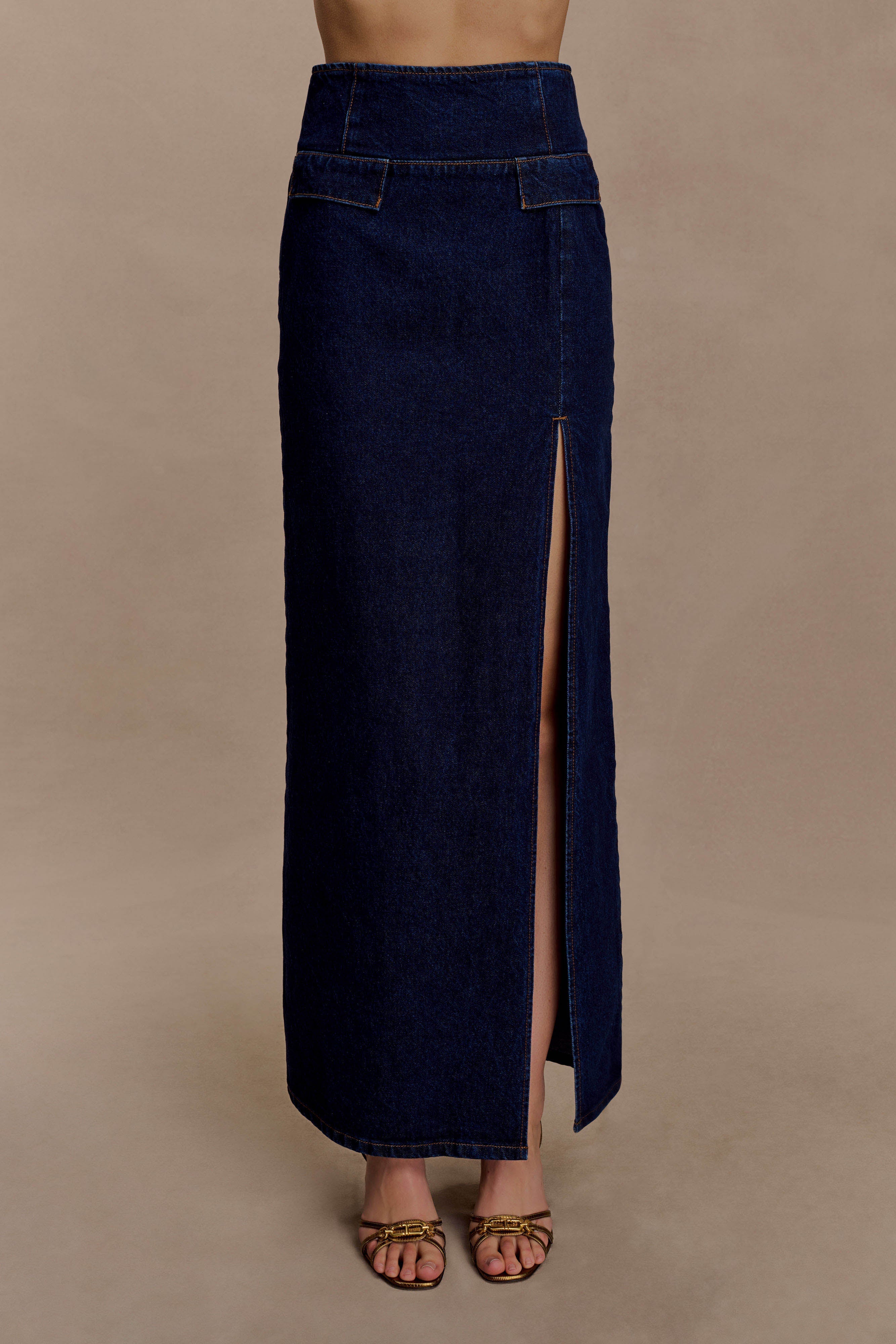 Maylena High Rise Denim Maxi Skirt - Indigo Blue | MESHKI US