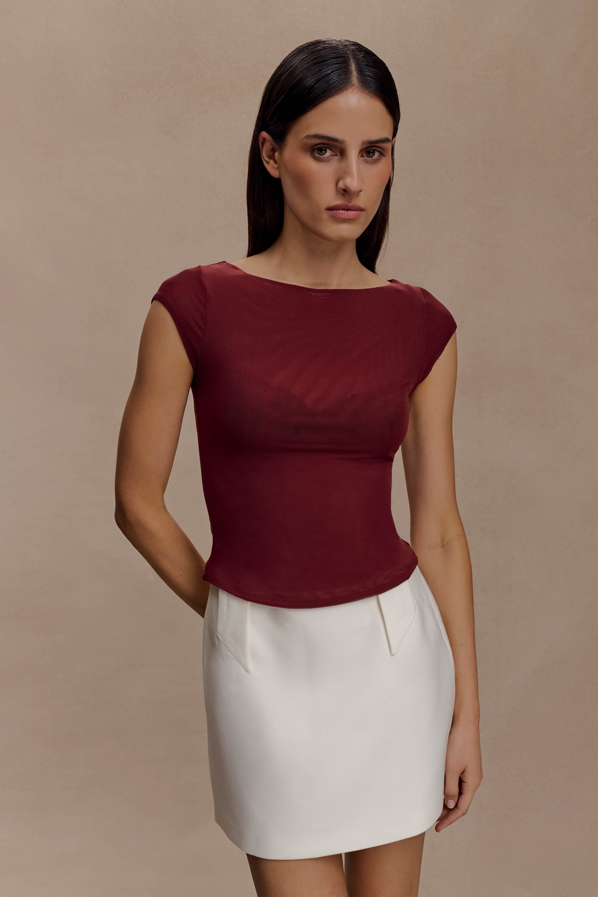 Romana Short Sleeve Mesh Top / Burgundy | MESHKI | XS Romana Short Sleeve Mesh Top / Burgundy | MESHKI | XS