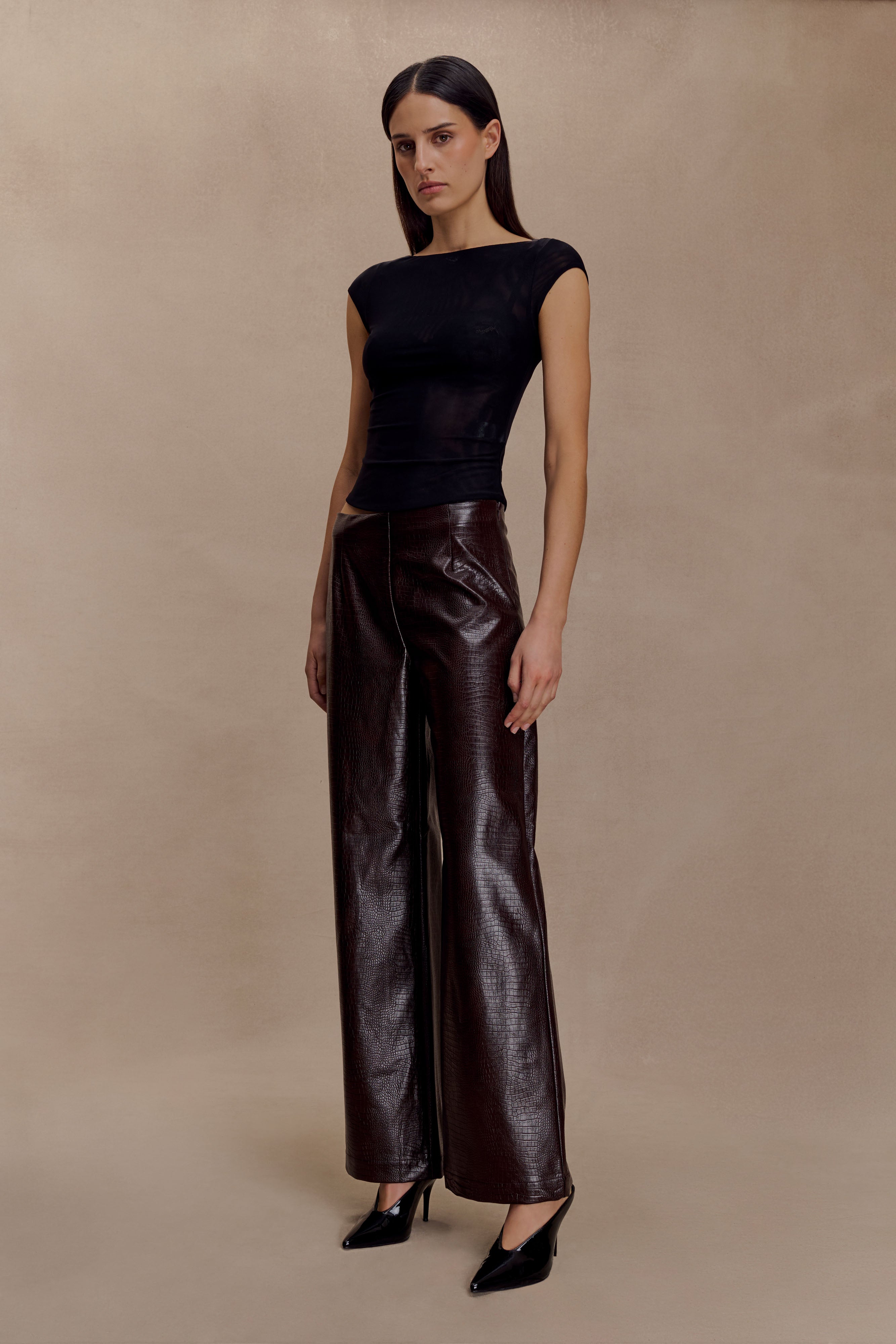 Henry Croc Faux Leather Straight Leg Pants - Dark Chocolate
