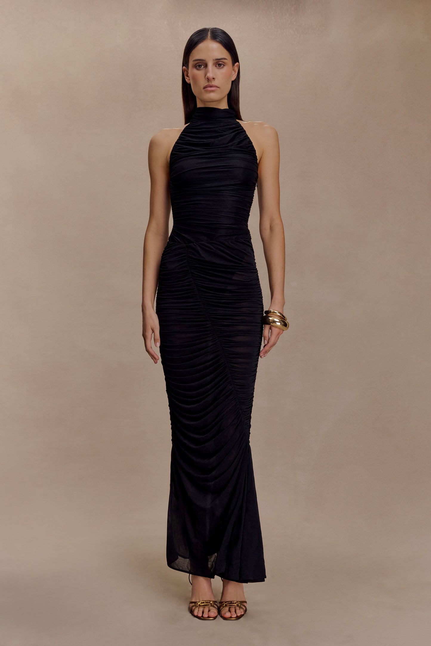 Matilda Ruched Mesh Maxi Skirt - Black