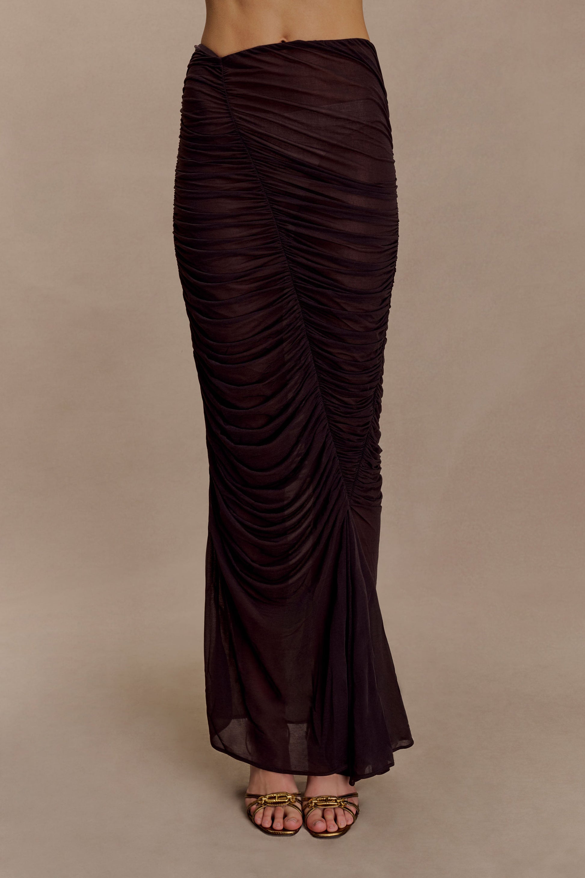 Matilda Ruched Mesh Maxi Skirt - Chocolate #6