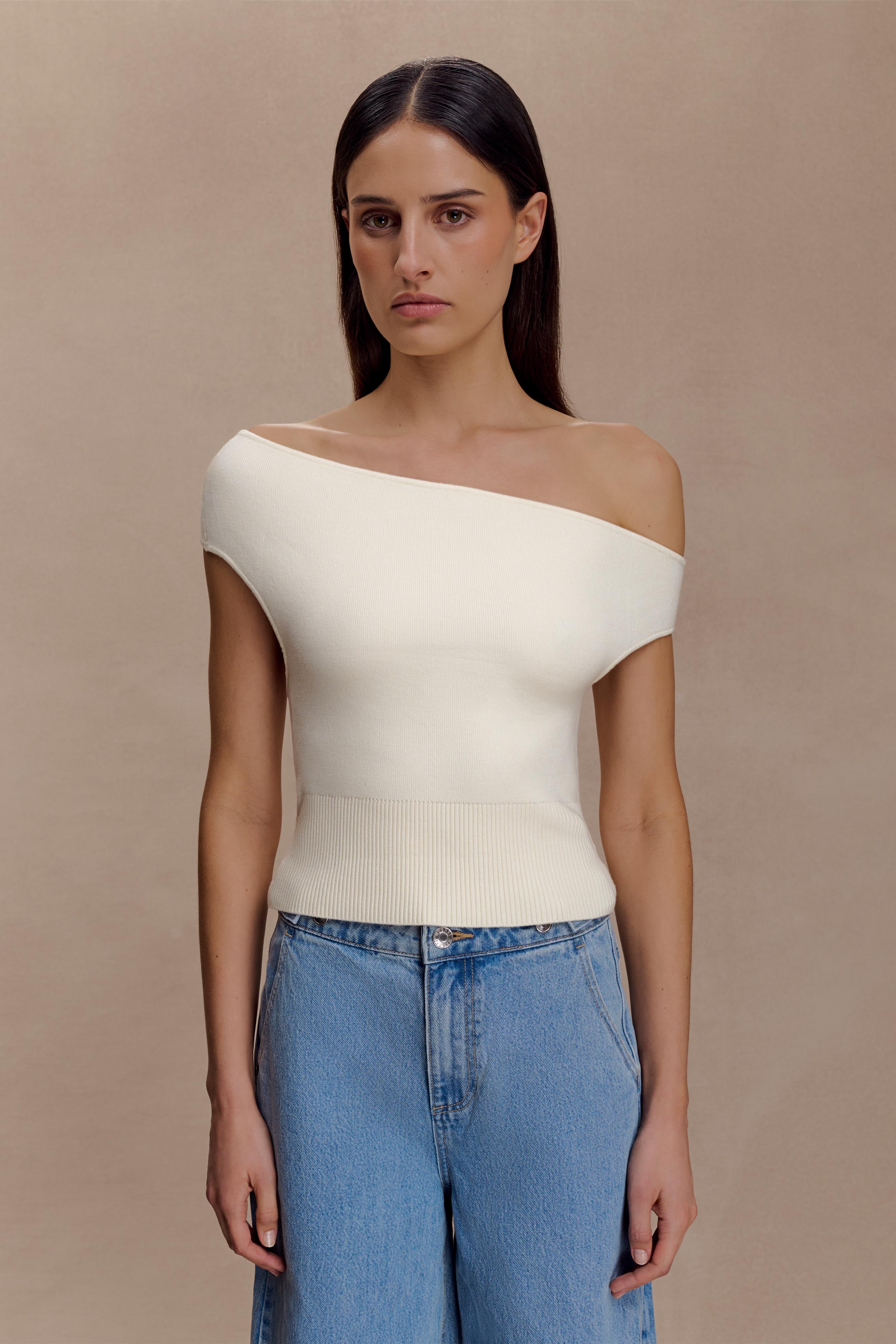 Carley Off Shoulder Knit Top - Ivory | MESHKI US