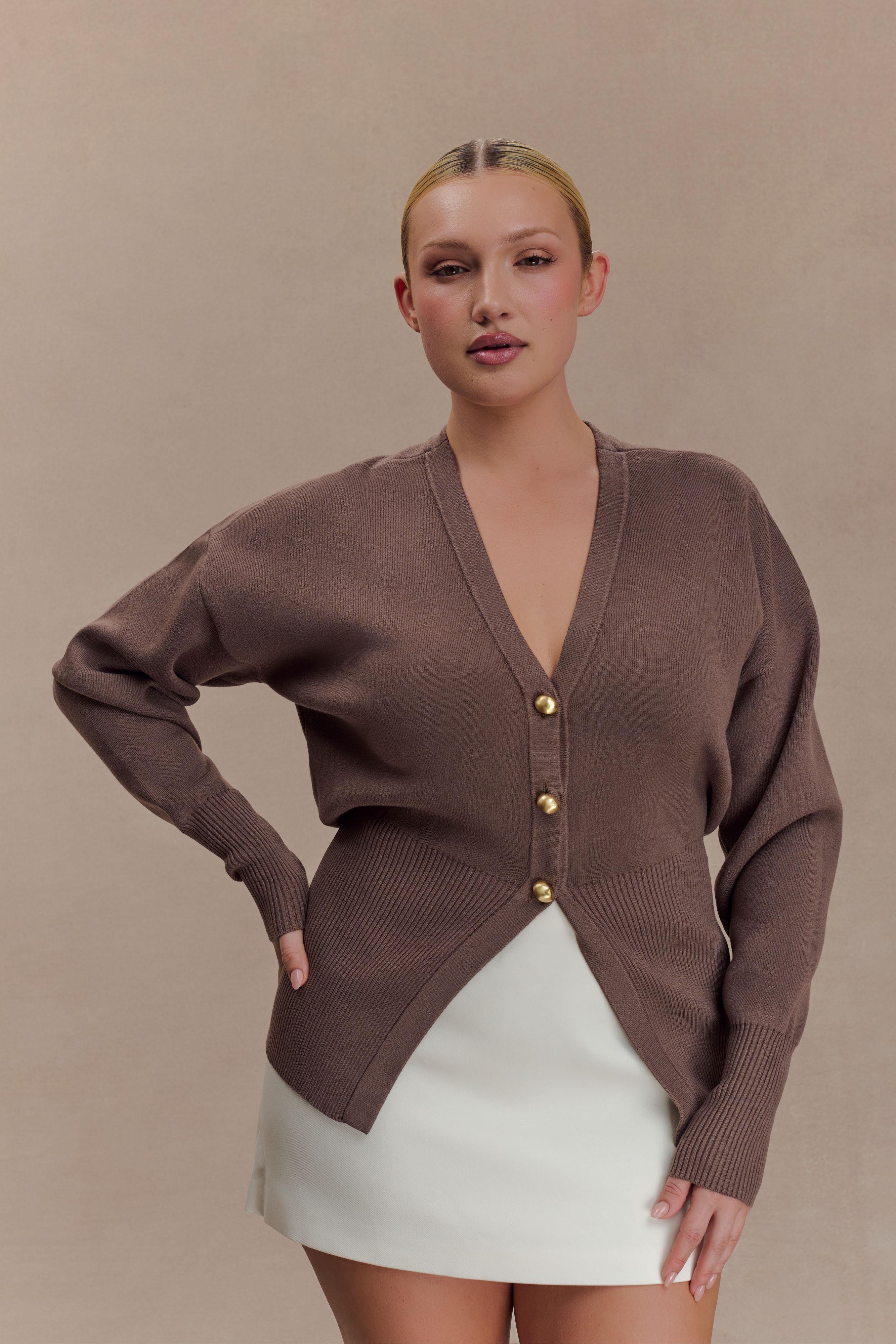 Amanda Statement Button Knit Cardigan - Cacao Brown | MESHKI US