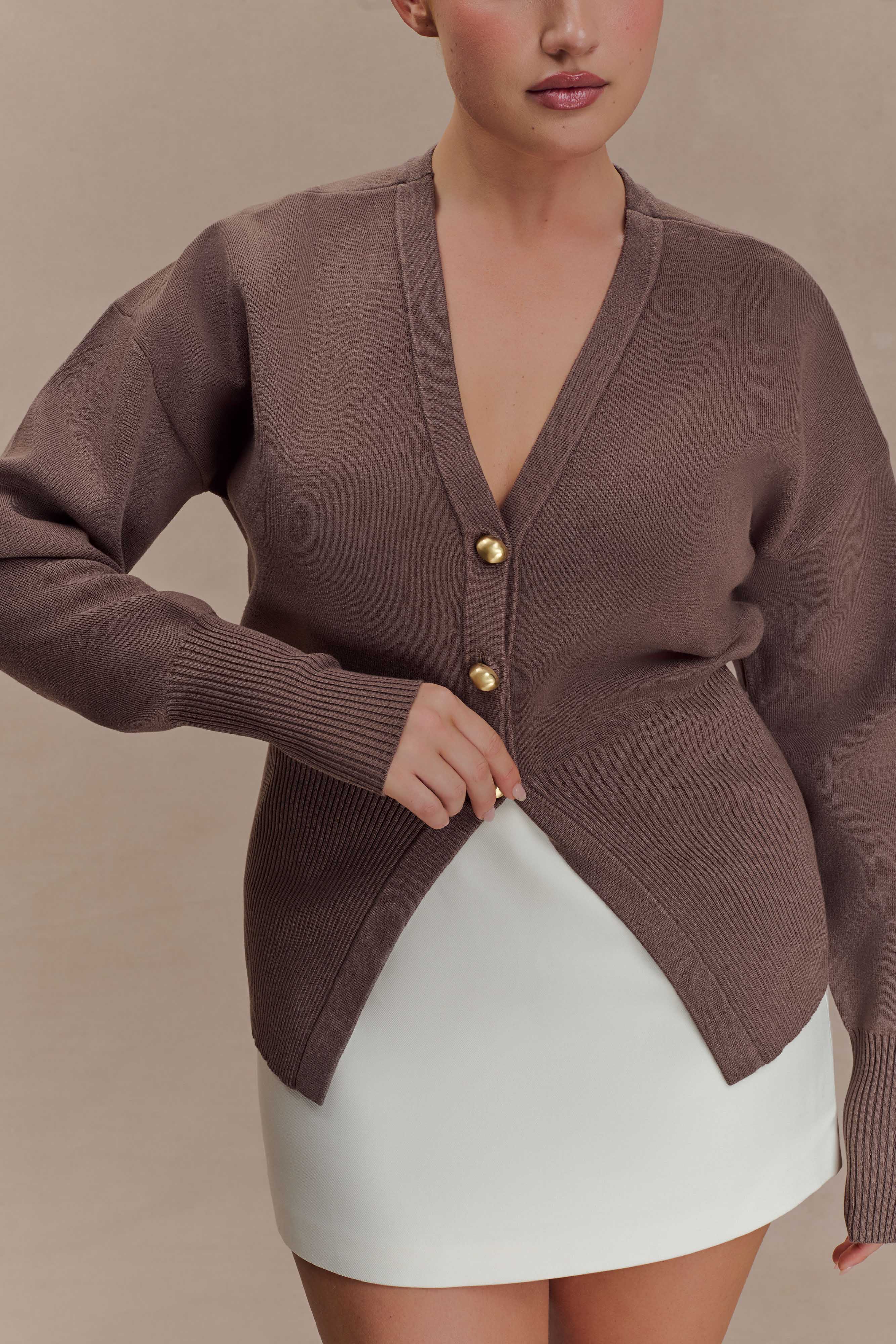 Amanda Statement Button Knit Cardigan - Cacao Brown | MESHKI US
